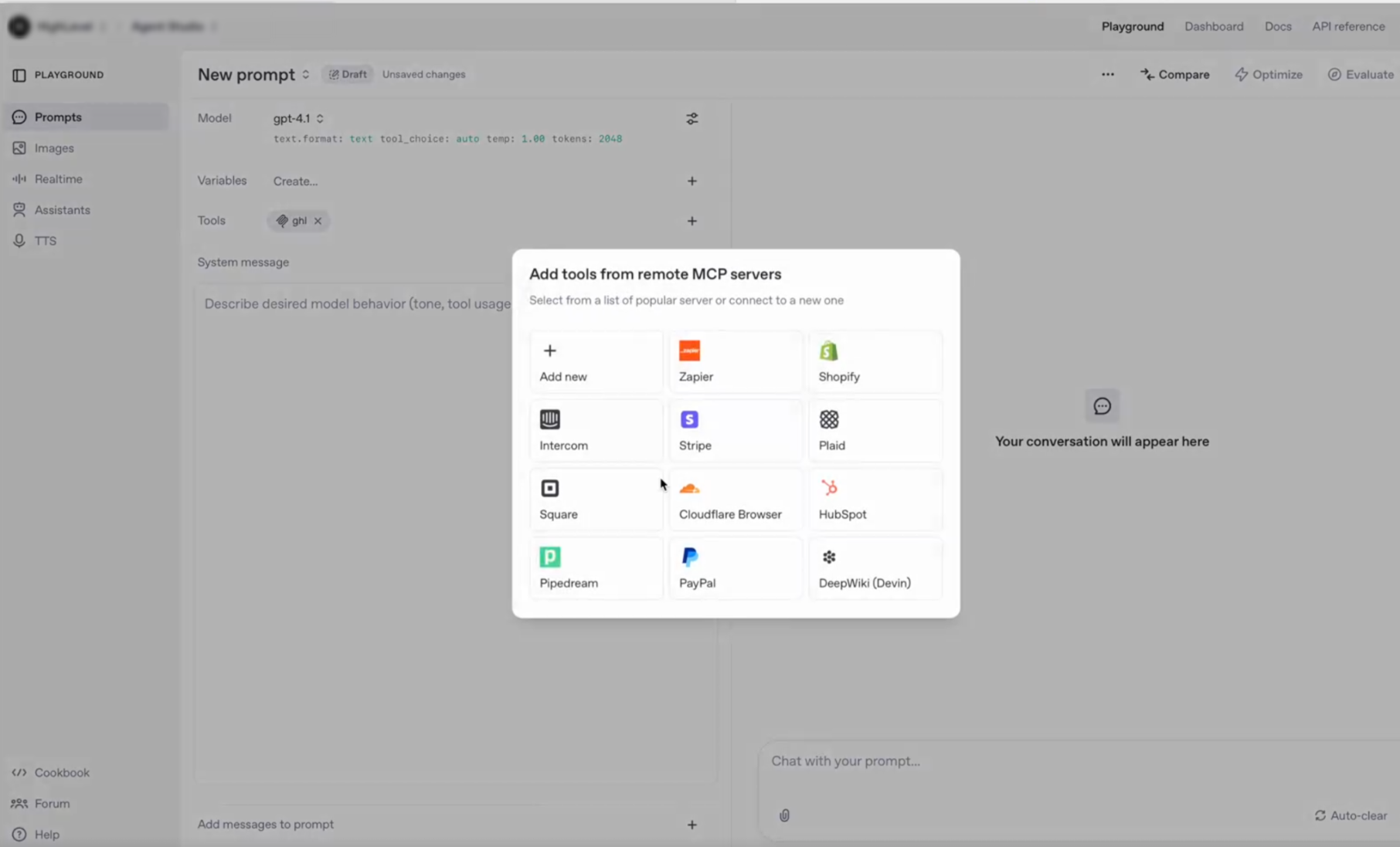 MCP Server: Connect AI Agents to Your Account – Selecting tools after connecting an MCP server