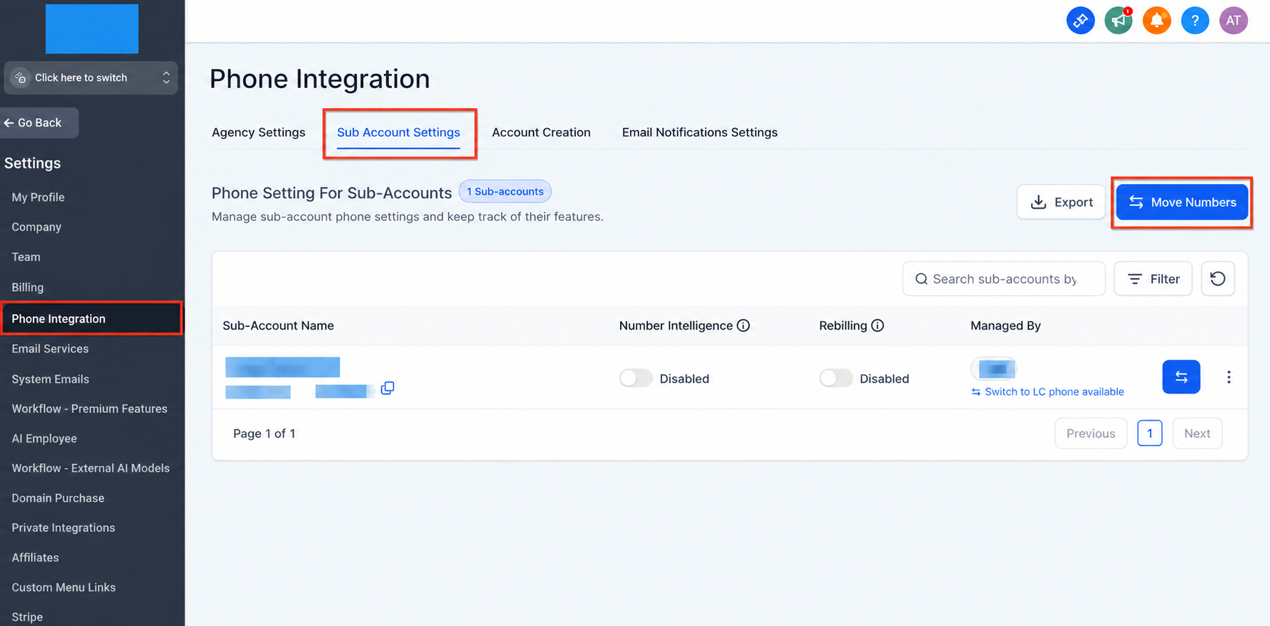 Moving Numbers Between Sub-Accounts (Same Parent Account) – Step 1: Open the Move Numbers Tool