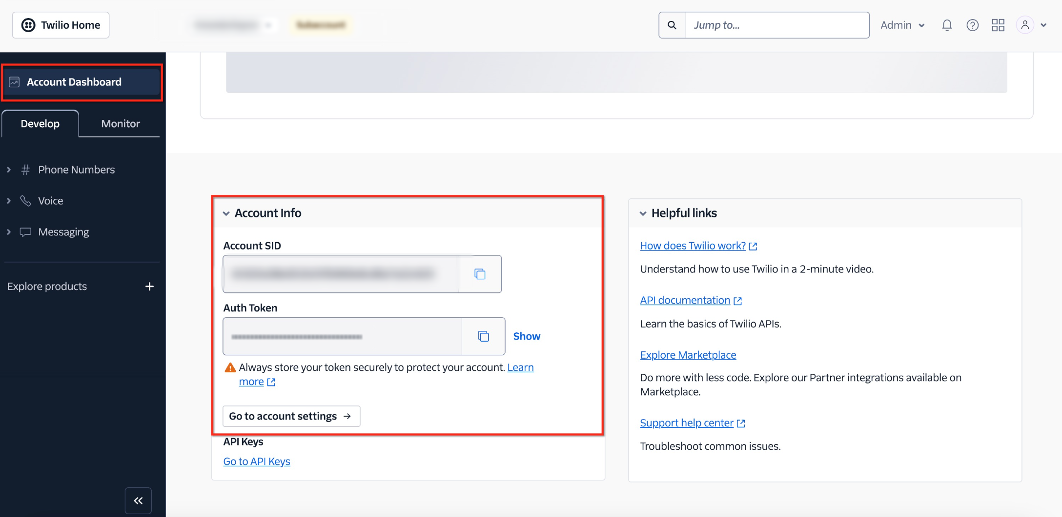 Moving Phone Numbers Across Accounts (US and International) – Account dashboard showing the Account SID under Account Info