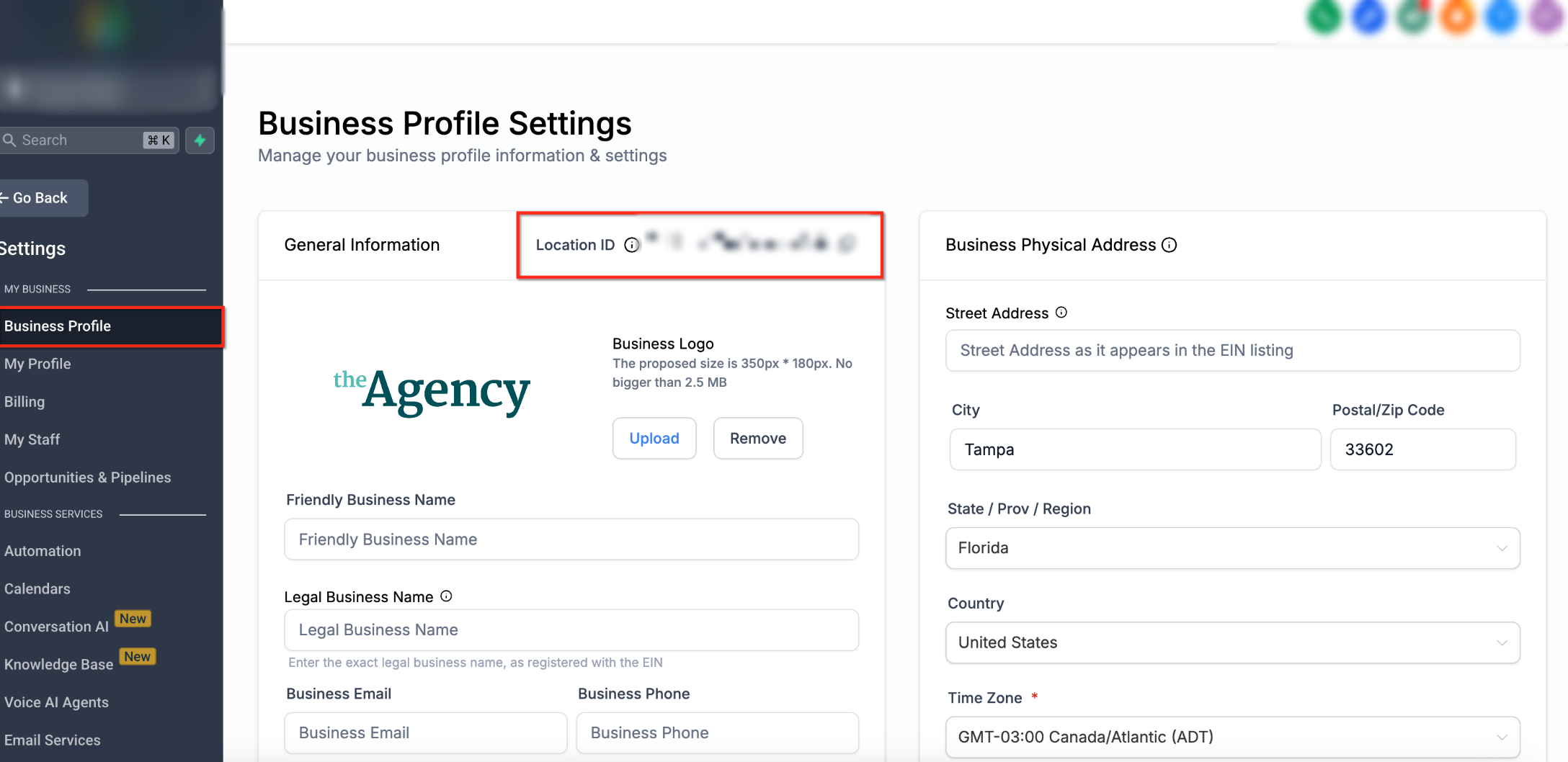 Moving Phone Numbers Across Accounts (US and International) – Business Profile settings showing the Location ID