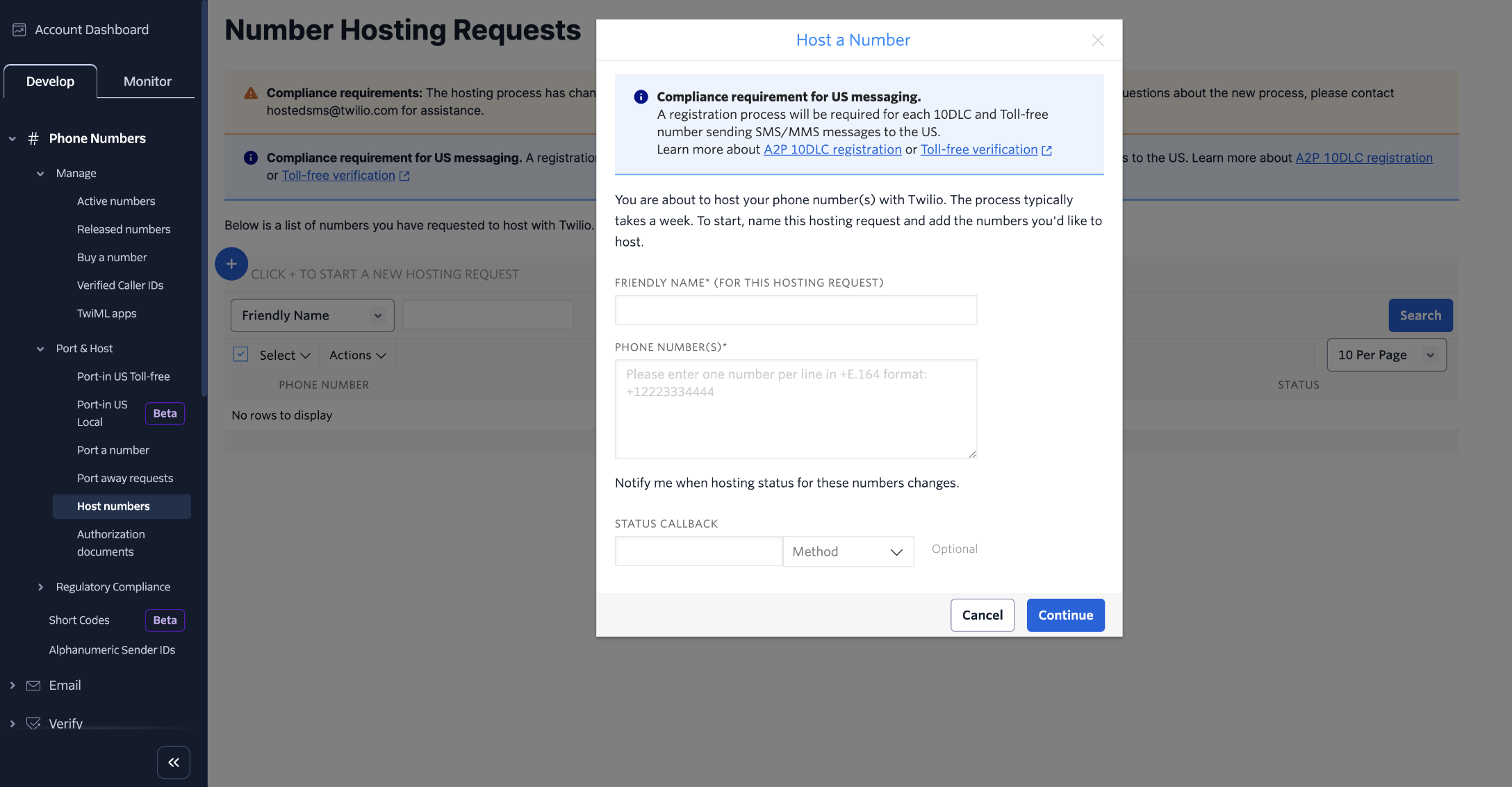 Number Hosting Guidelines for Hosted Messaging – Number Hosting request screen showing hosted number entry and messaging compliance requirements