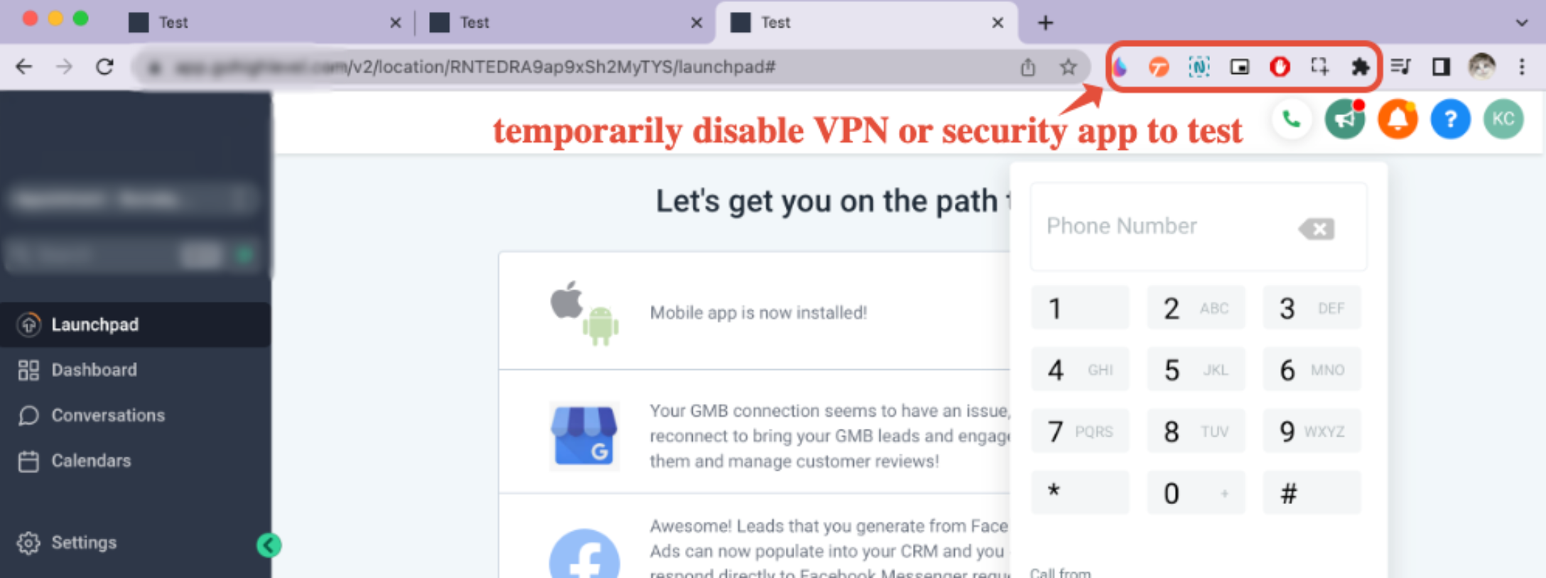 Outbound Calls with the Web Dialer (Softphone) – Chrome browser showing VPN and security extensions that can interfere with the Web Dialer