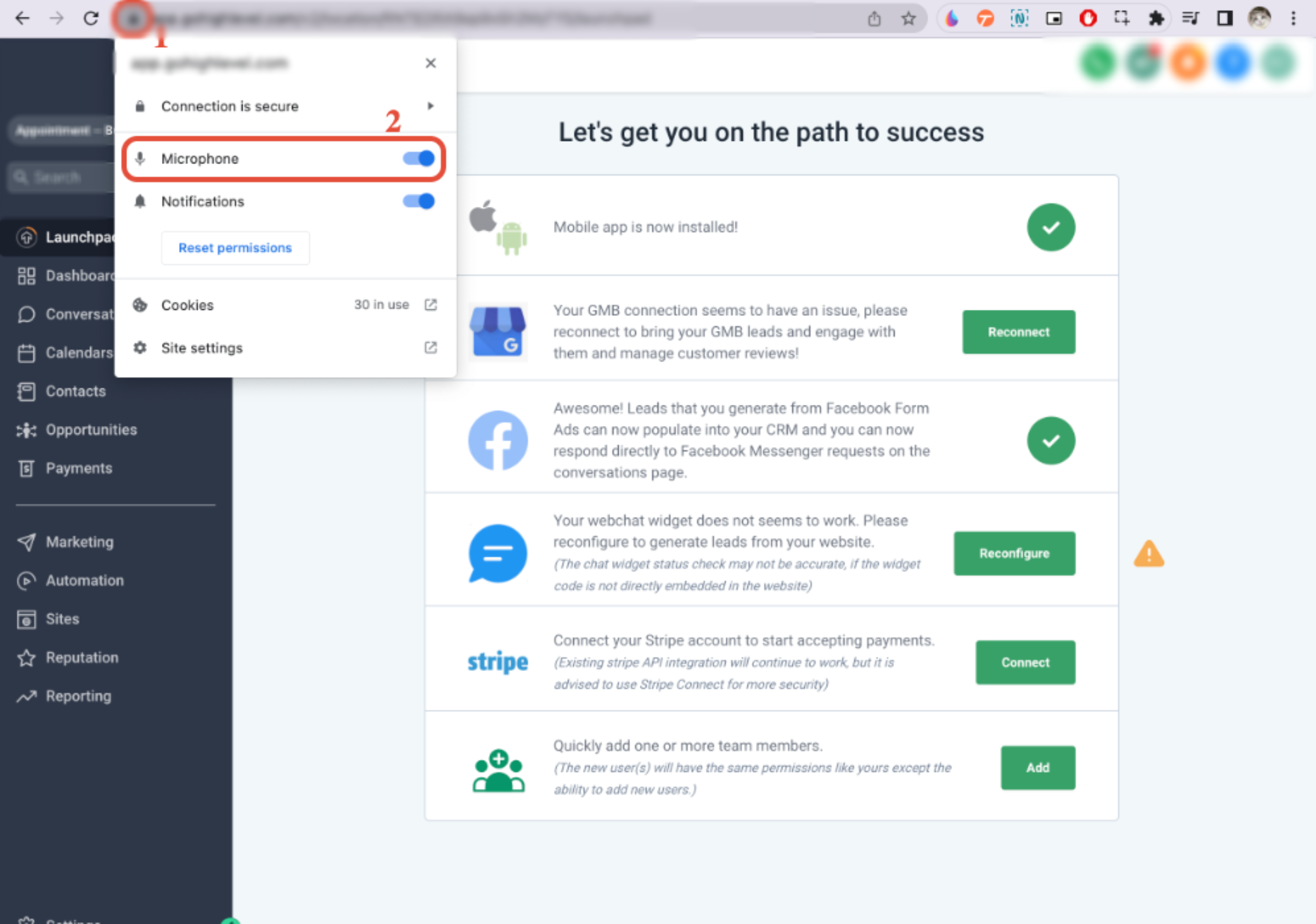 Outbound Calls with the Web Dialer (Softphone) – Chrome site information menu showing microphone permission enabled