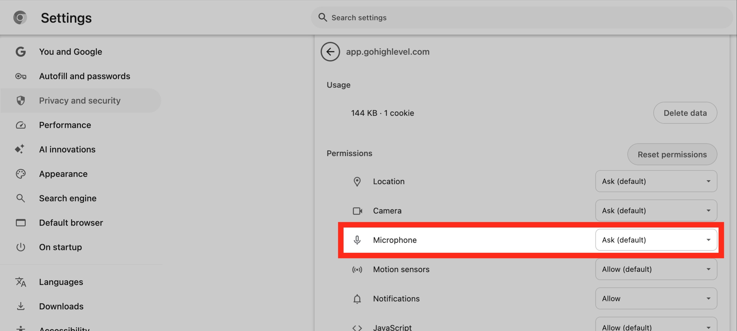 Outbound Calls with the Web Dialer (Softphone) – Chrome site settings showing the microphone permission option
