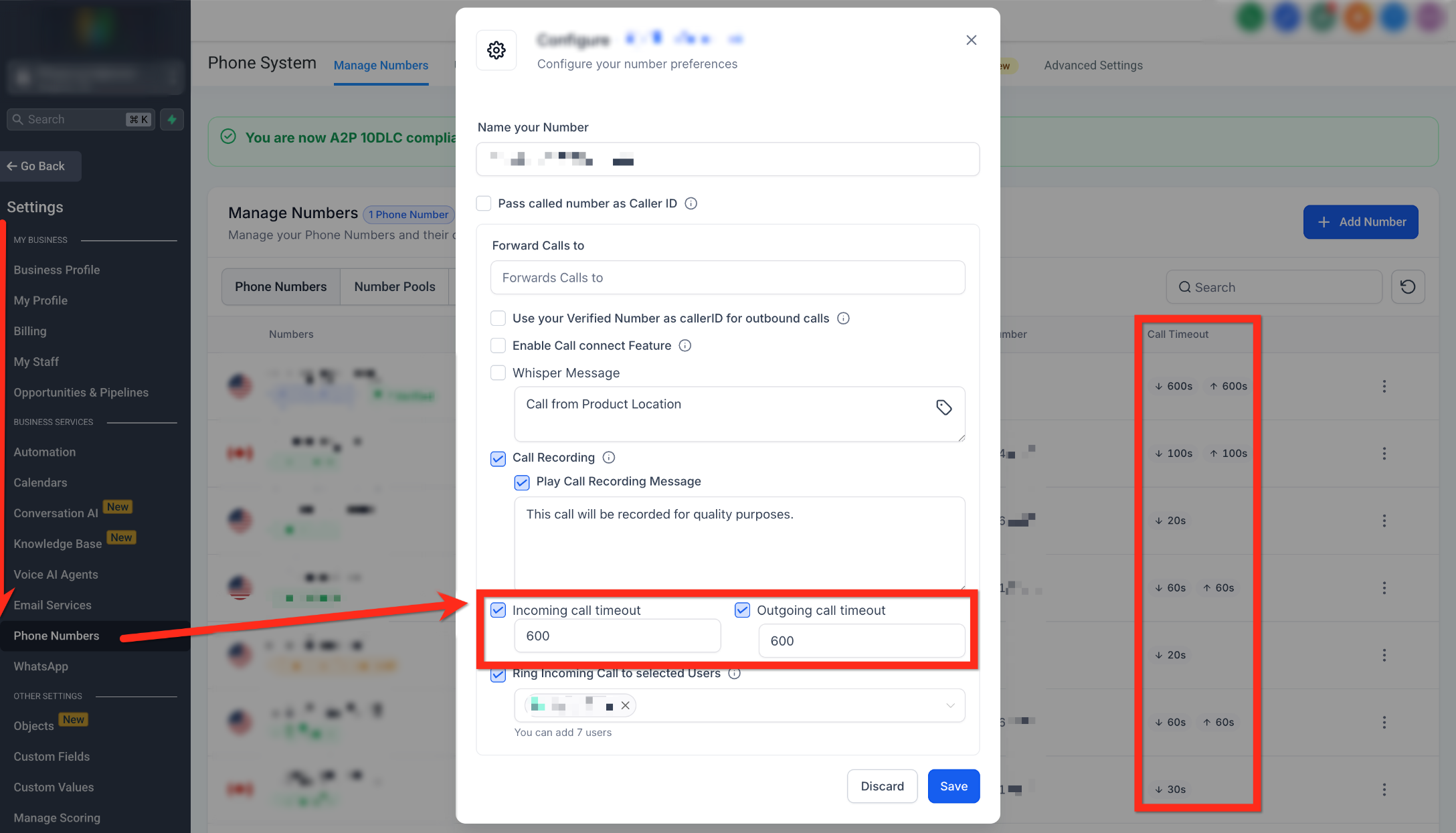 Outbound Calls with the Web Dialer (Softphone) – Phone number configuration showing incoming and outgoing call timeout settings
