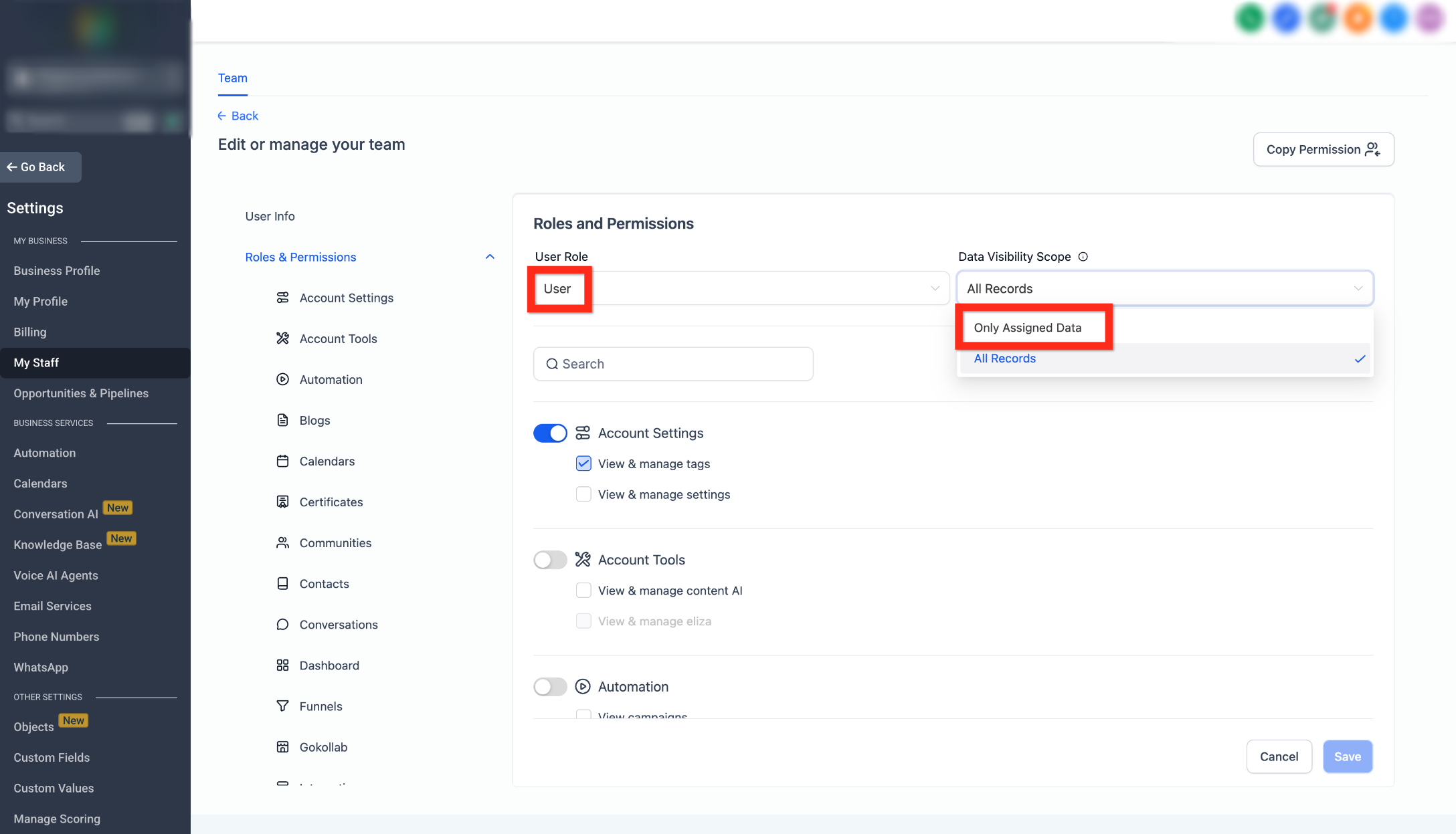 Outbound Calls with the Web Dialer (Softphone) – User Roles and Permissions showing User role and Only Assigned Data