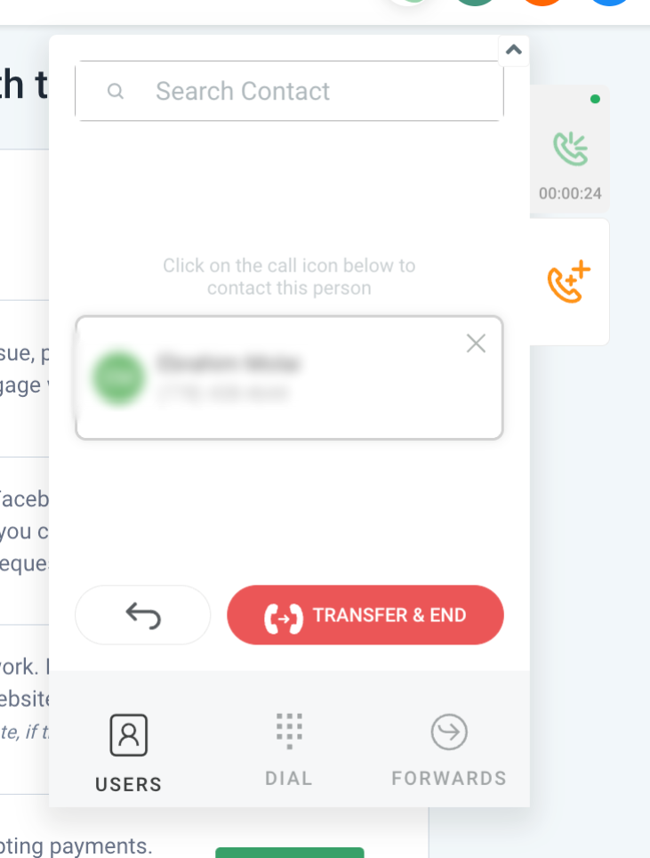 Outbound Calls with the Web Dialer (Softphone) – Web Dialer blind transfer screen showing Transfer and End