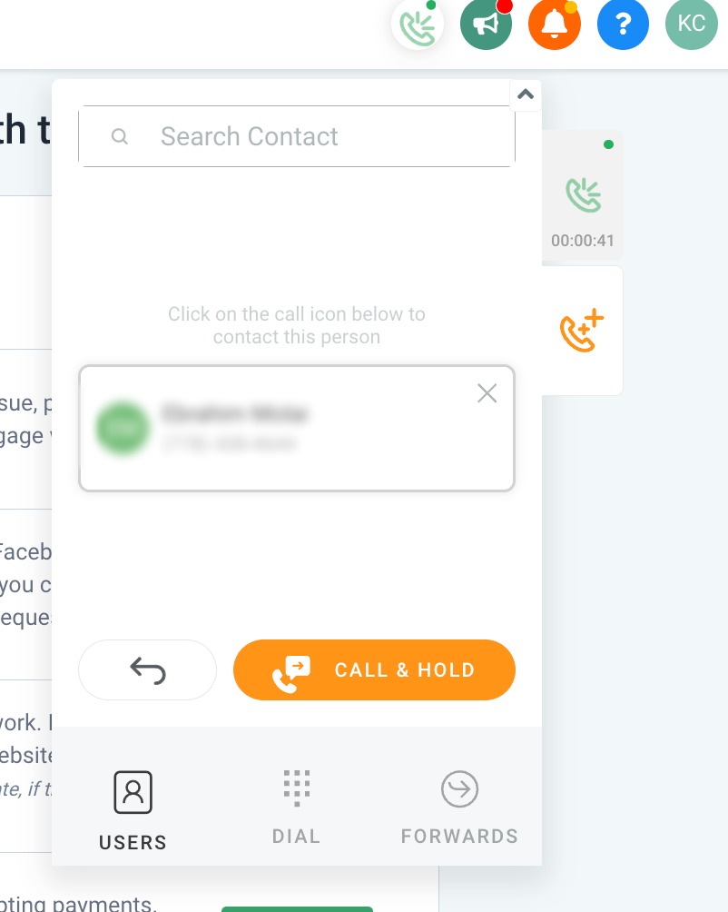 Outbound Calls with the Web Dialer (Softphone) – Web Dialer warm transfer screen showing Call and Hold