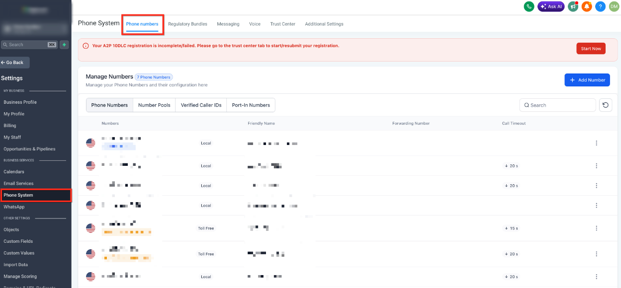 Overview of Phone Number Configuration Options – Step 1: Navigate to Phone Numbers