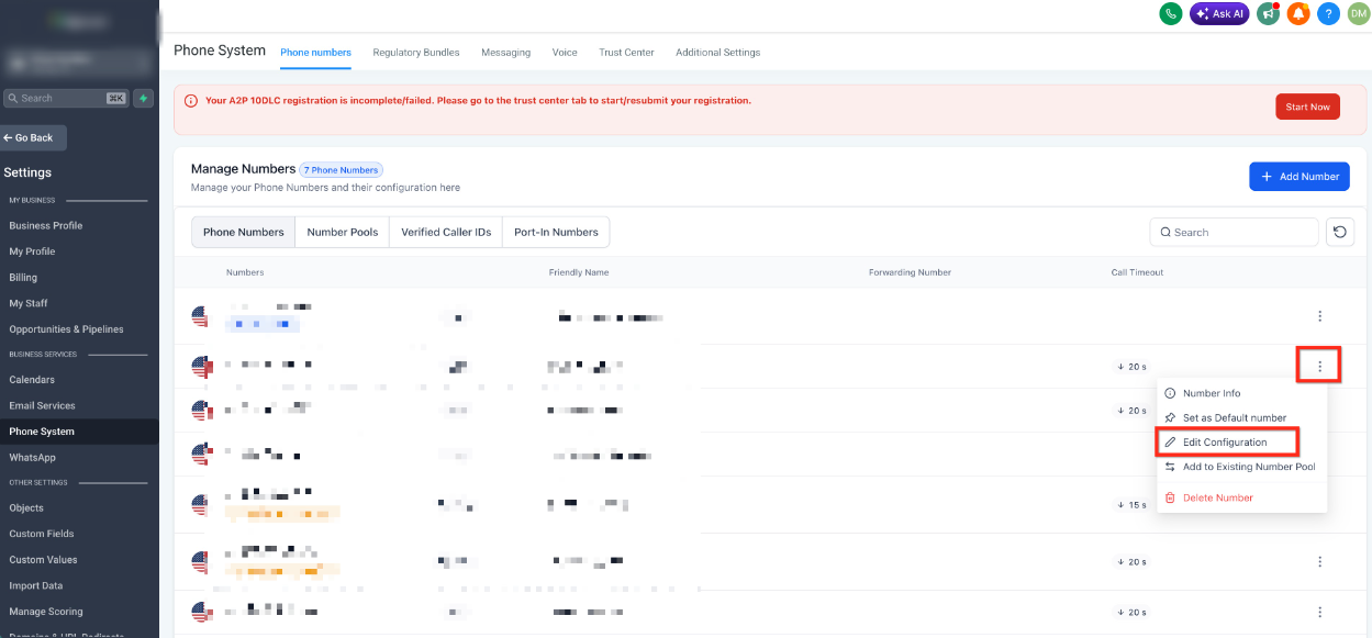 Overview of Phone Number Configuration Options – Step 2: Navigate to Edit Configuration Option