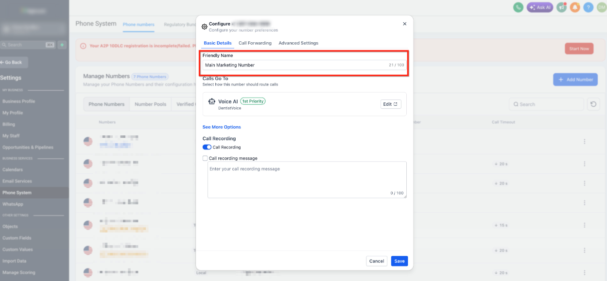 Overview of Phone Number Configuration Options – Step 3: Name Your Number
