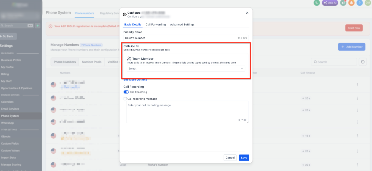 Overview of Phone Number Configuration Options – Step 4: Calls Go To