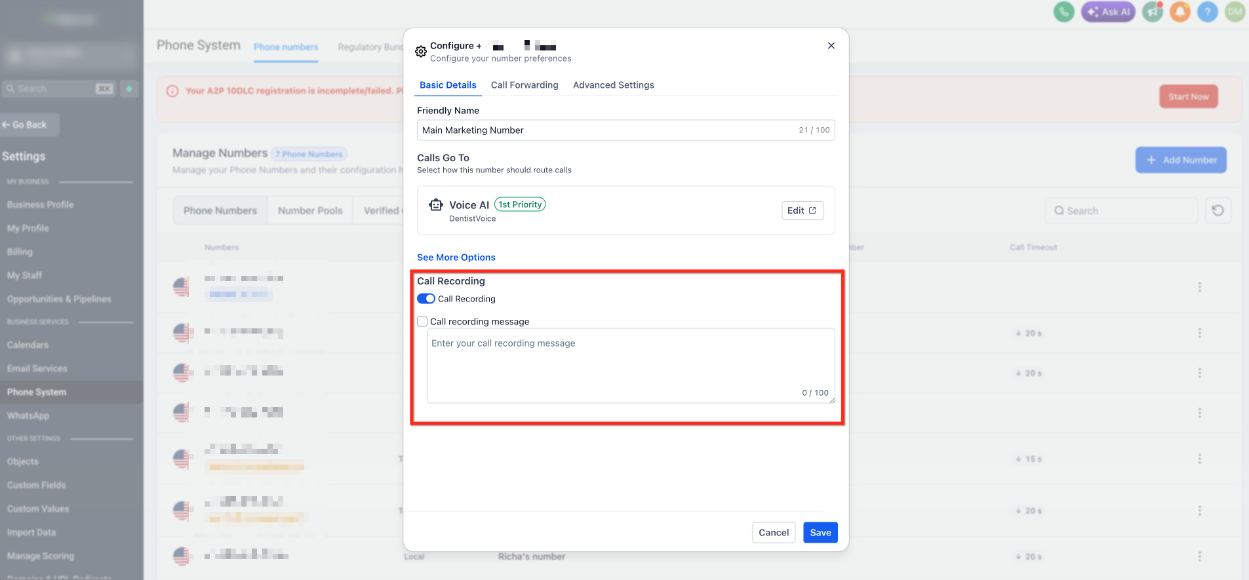 Overview of Phone Number Configuration Options – Step 5: Call Recording