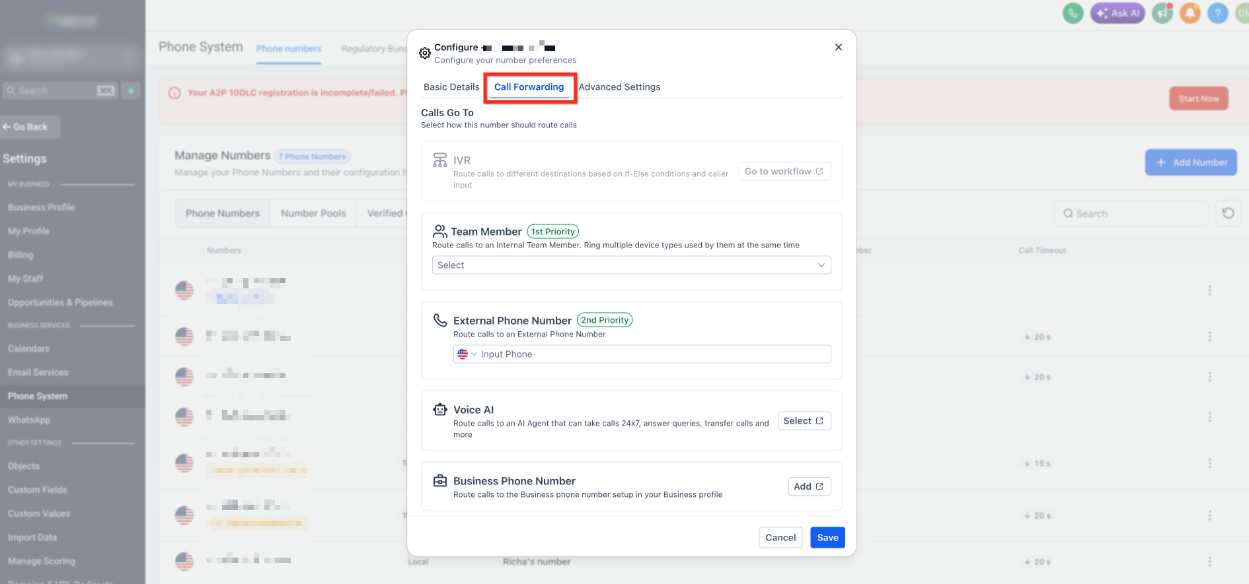 Overview of Phone Number Configuration Options – Step 6: Set Call Forwarding