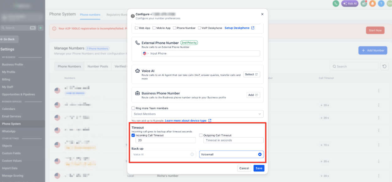 Overview of Phone Number Configuration Options – Step 7: Set Timeout and Backup