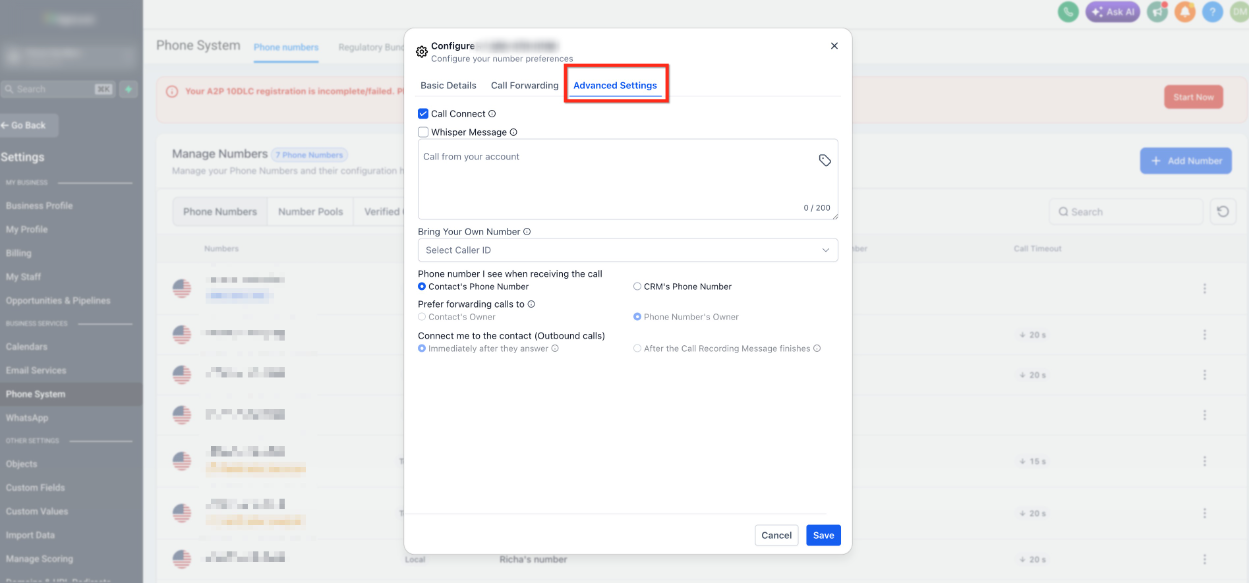 Overview of Phone Number Configuration Options – Step 8: Advanced Settings