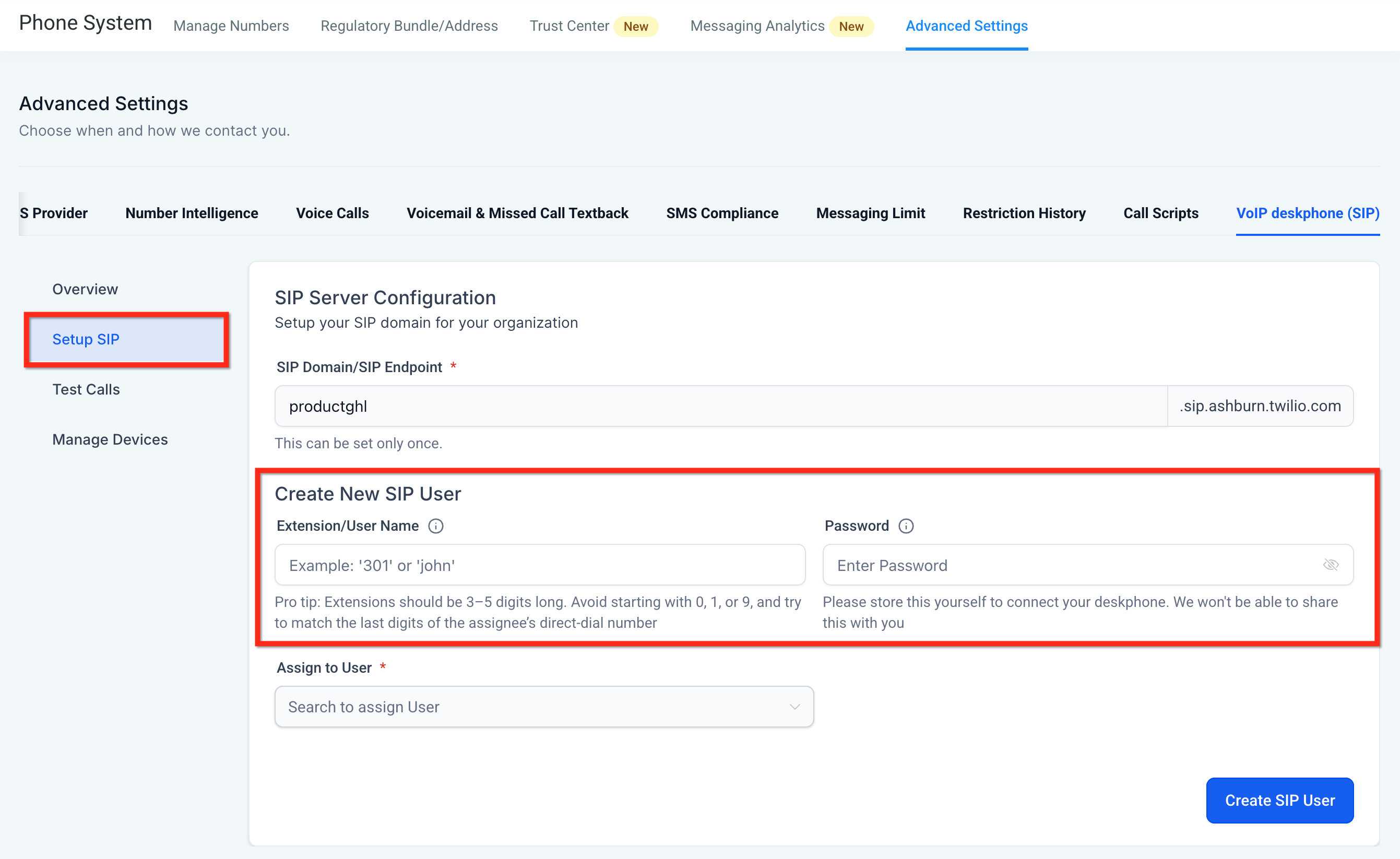 Physical VoIP Deskphones (SIP) – Create New SIP User fields for extension username and password