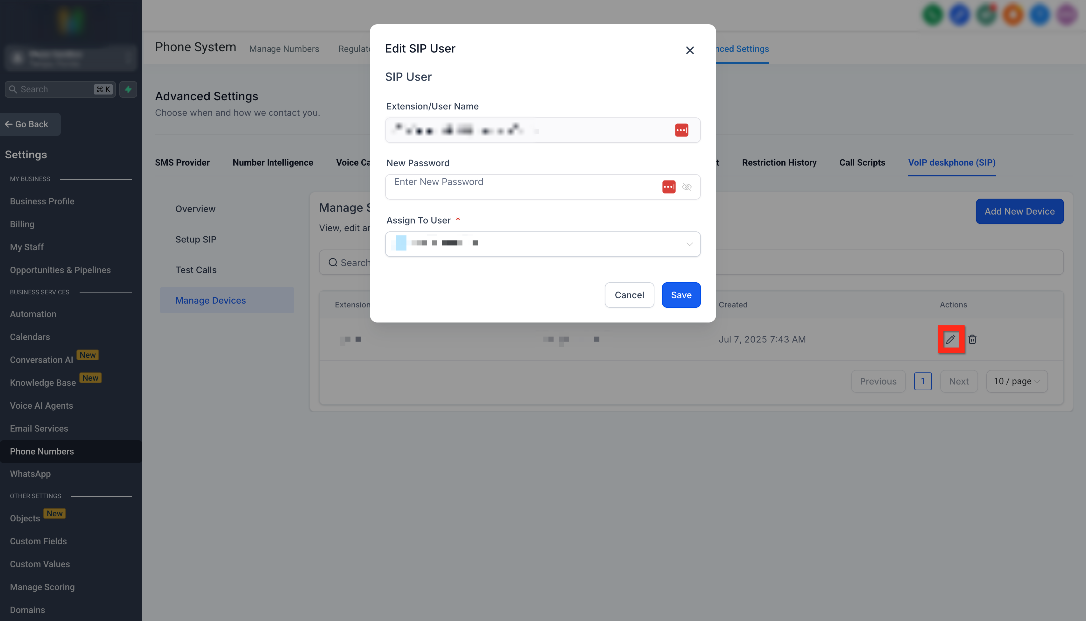 Physical VoIP Deskphones (SIP) – Edit SIP User modal for resetting the SIP password or assigned user