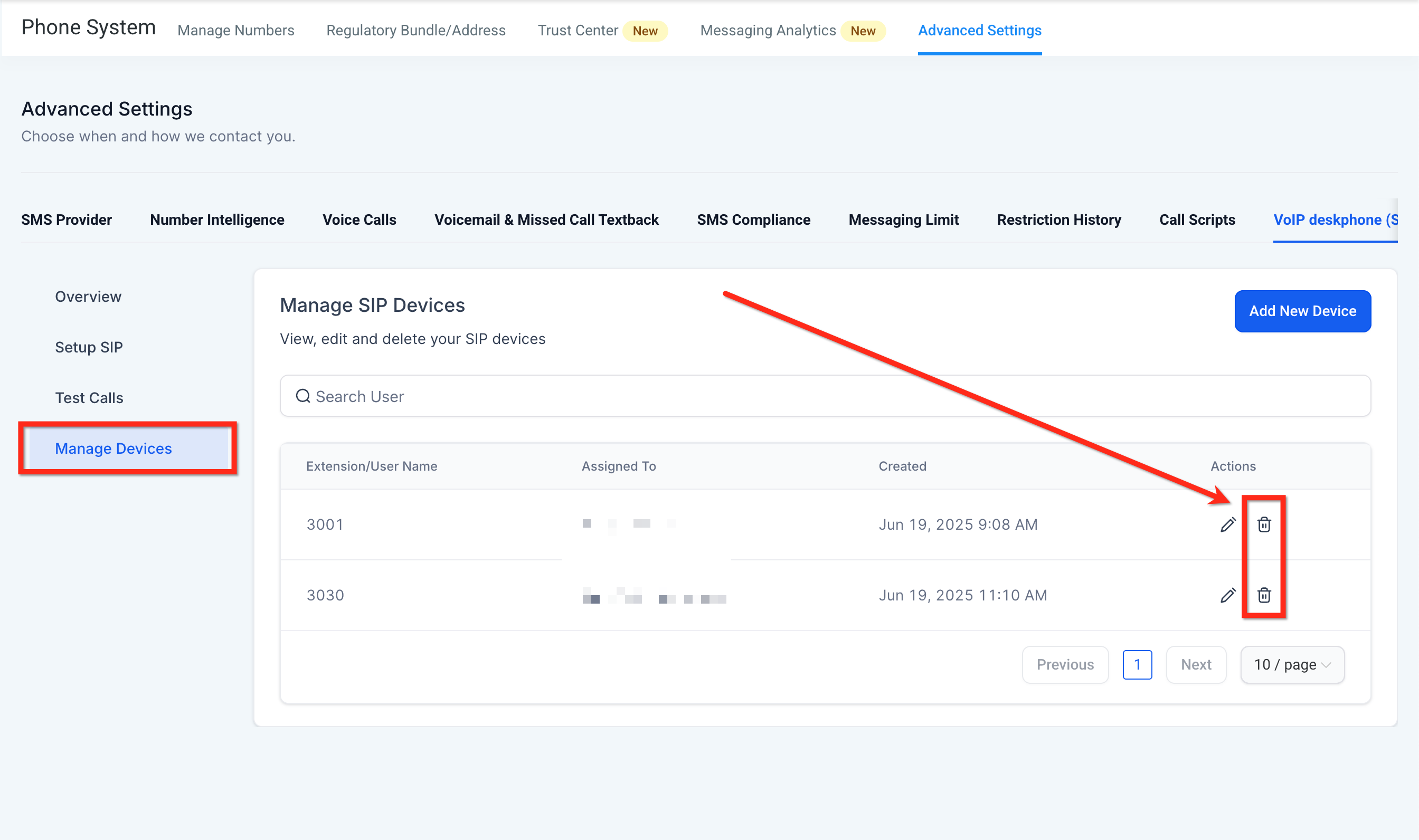 Physical VoIP Deskphones (SIP) – Manage SIP Devices screen showing edit and delete actions