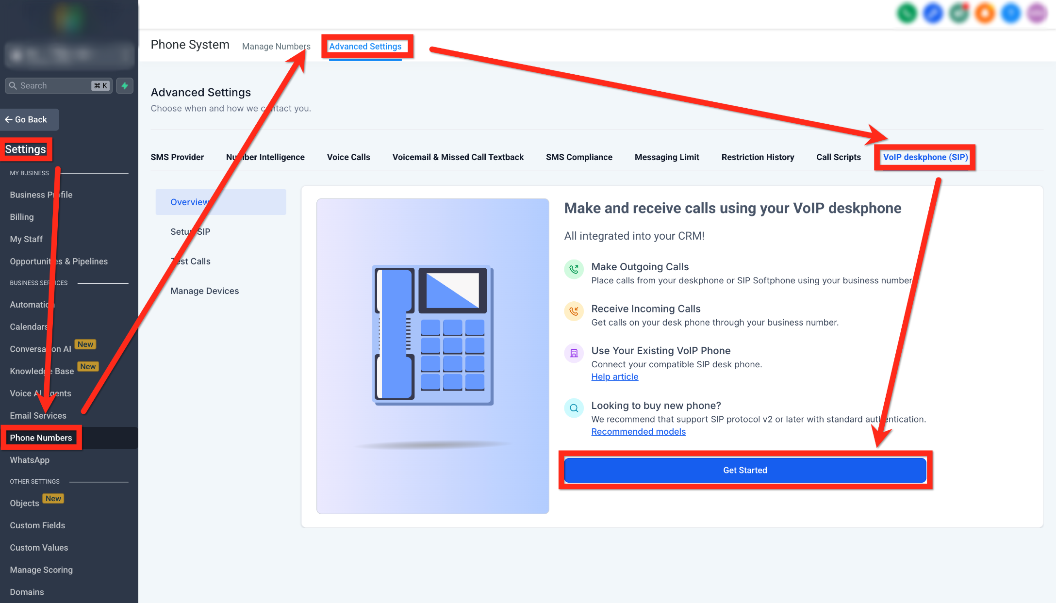Physical VoIP Deskphones (SIP) – Phone System Advanced Settings showing VoIP deskphone SIP and Get Started