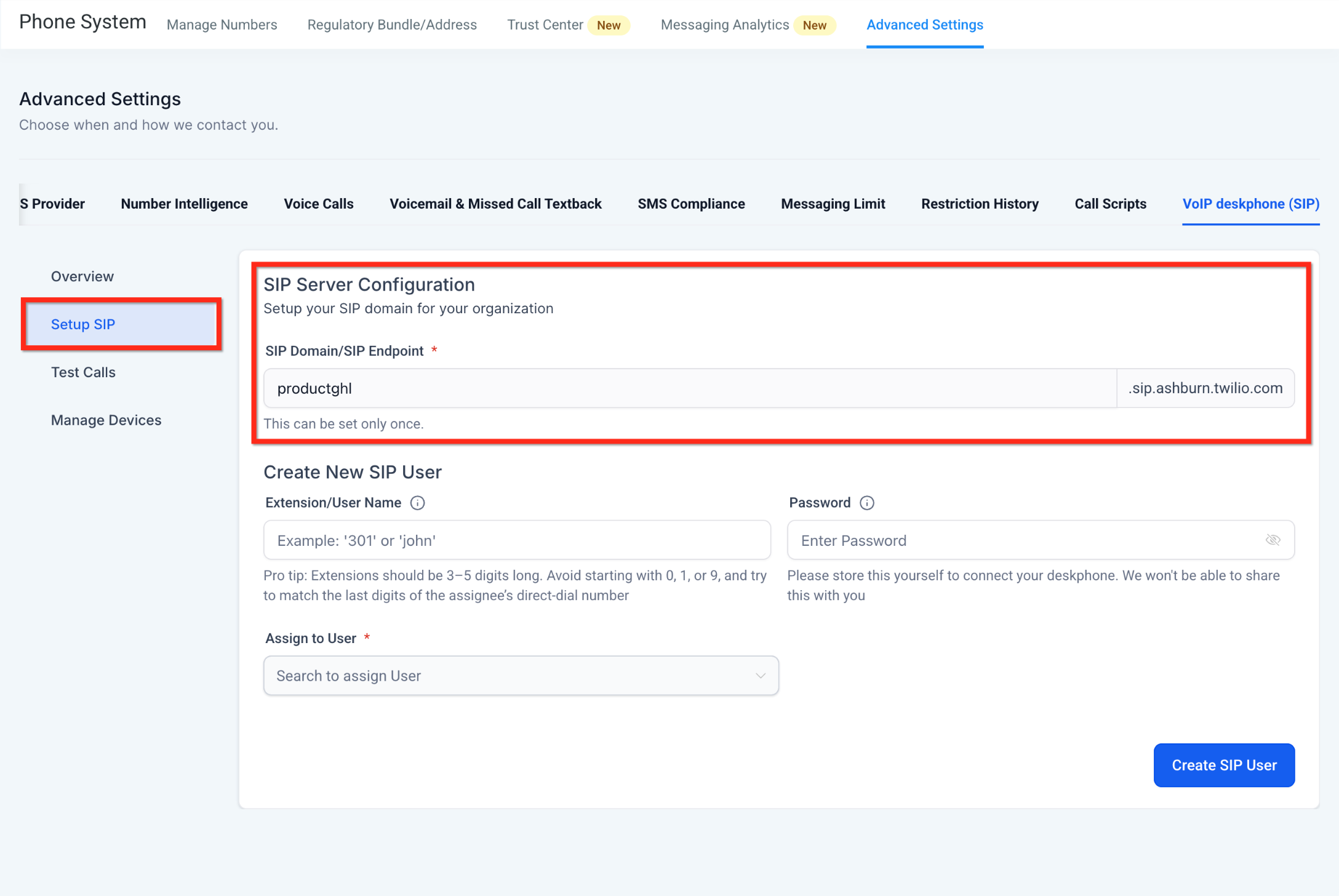 Physical VoIP Deskphones (SIP) – Setup SIP screen showing SIP Server Configuration and SIP Domain