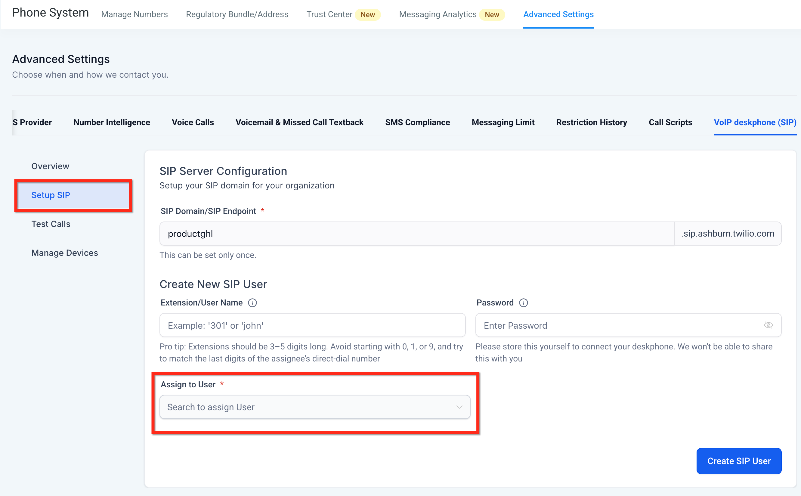 Physical VoIP Deskphones (SIP) – SIP setup showing Assign to User dropdown