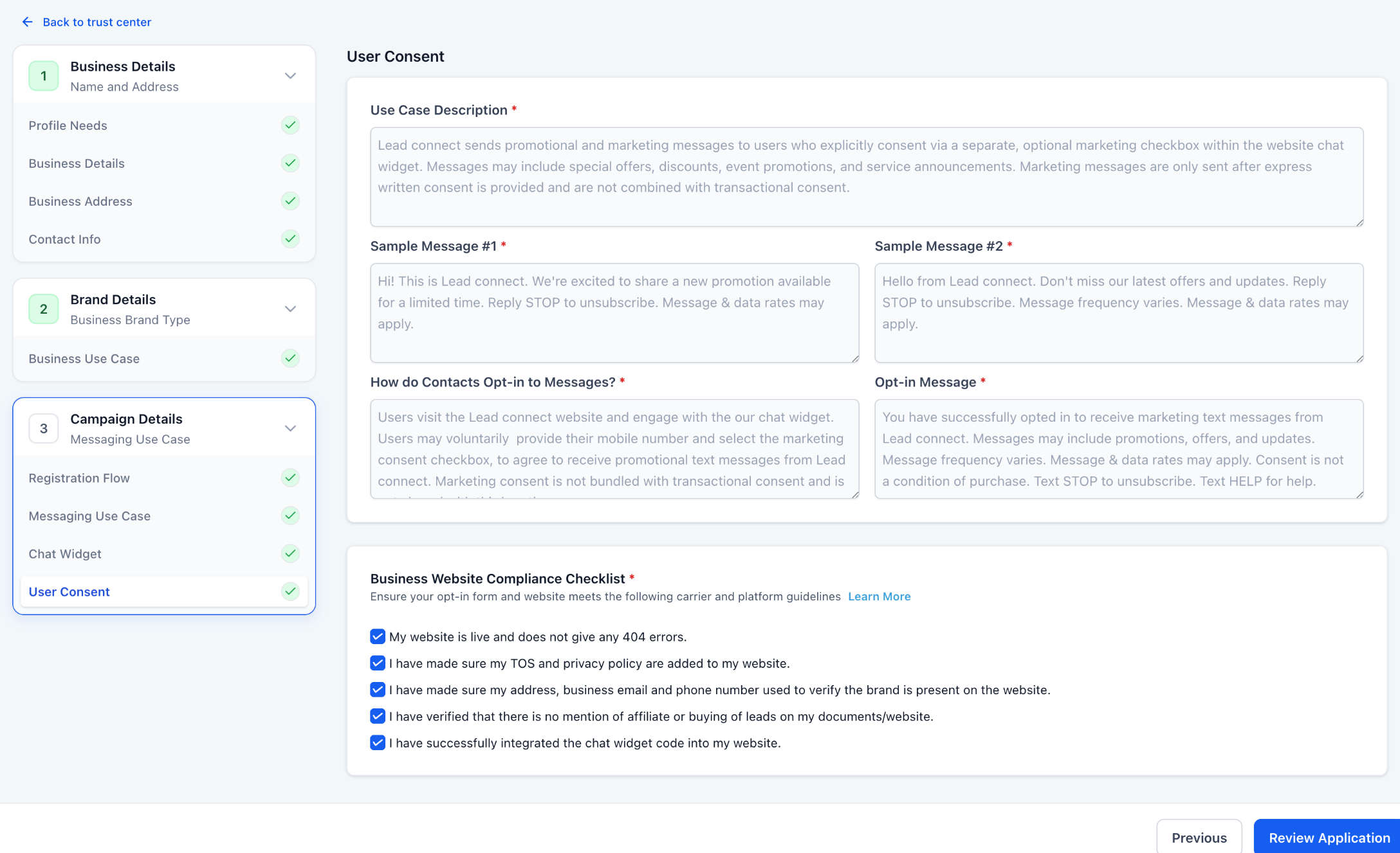 Pre-Built A2P Campaign Registration with Chat Widget – Chat widget preview showing form fields including name, phone, date of birth, and consent text