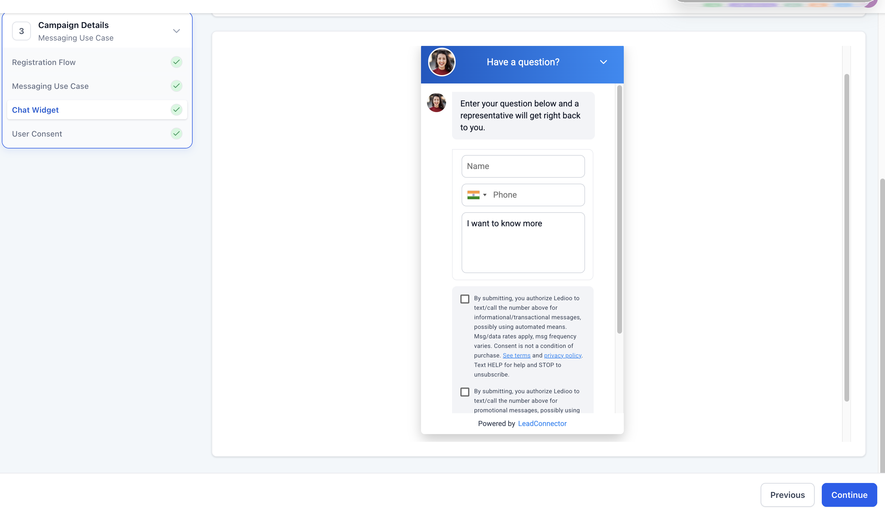 Pre-Built A2P Campaign Registration with Chat Widget – Generated Mixed Chat Widget showing separate informational and promotional SMS consent checkboxes