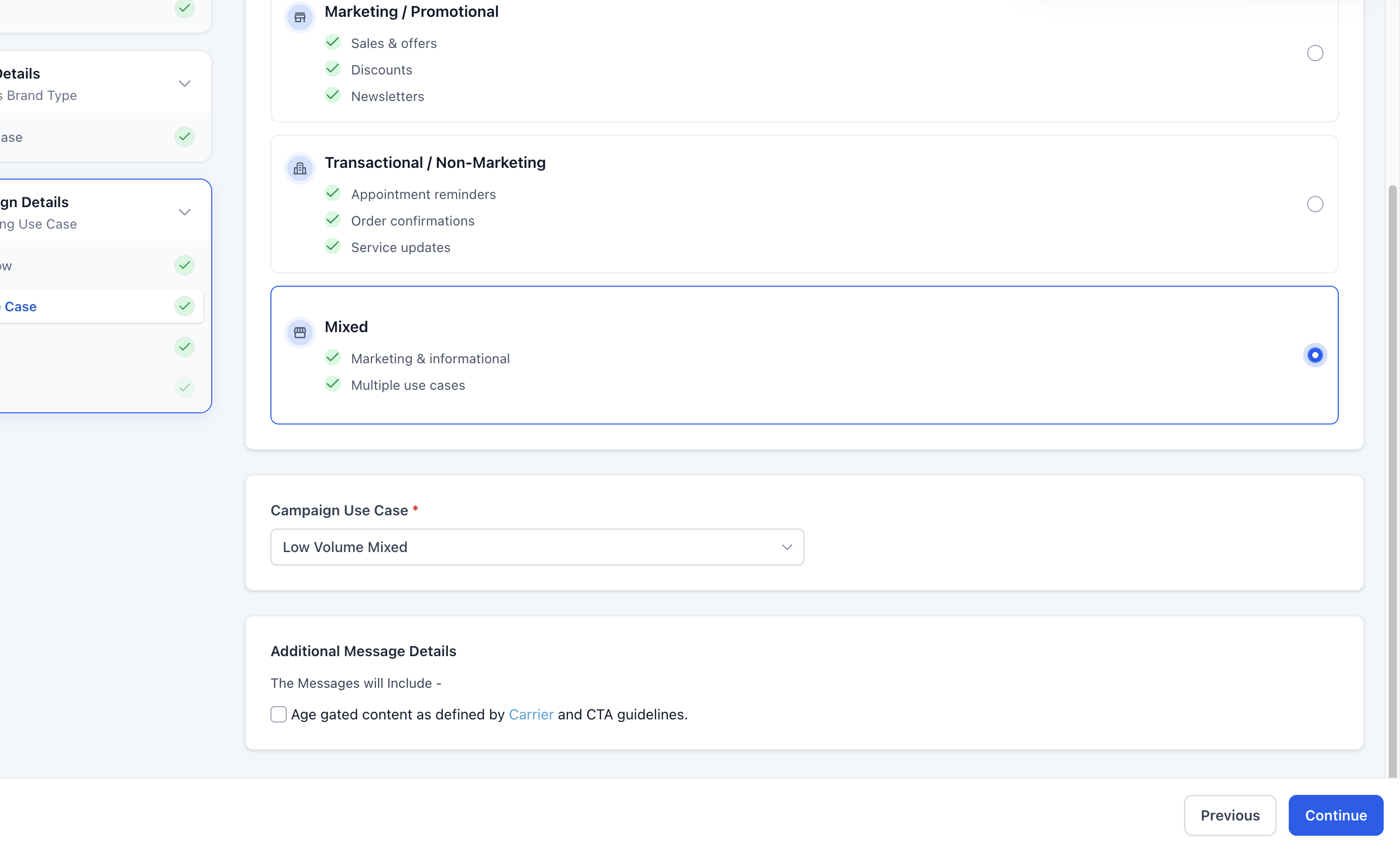 Pre-Built A2P Campaign Registration with Chat Widget – Mixed messaging use case selected with Low Volume Mixed automatically assigned as the Campaign Use Case