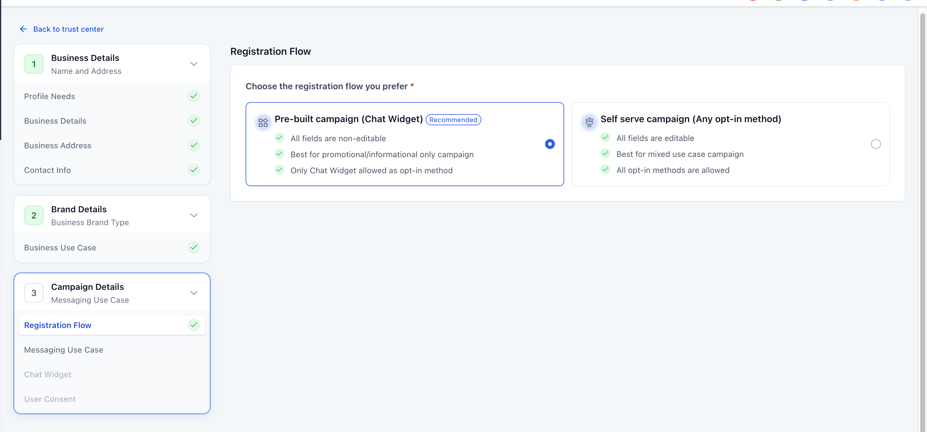 Pre-Built A2P Campaign Registration with Chat Widget – Registration flow selection screen with Pre-built campaign option highlighted