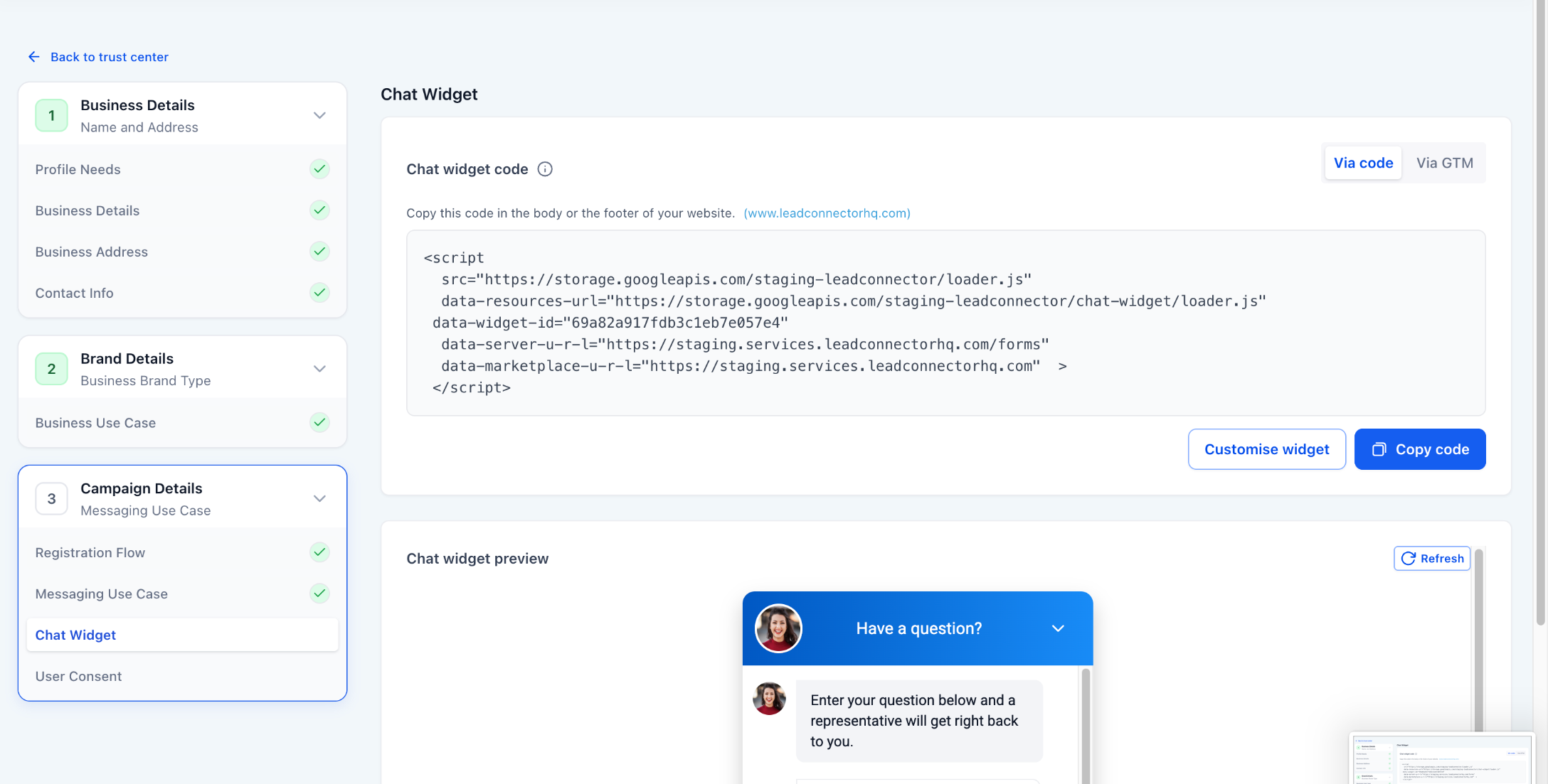 Pre-Built A2P Campaign Registration with Chat Widget – User consent screen with compliance checklist and sample message fields