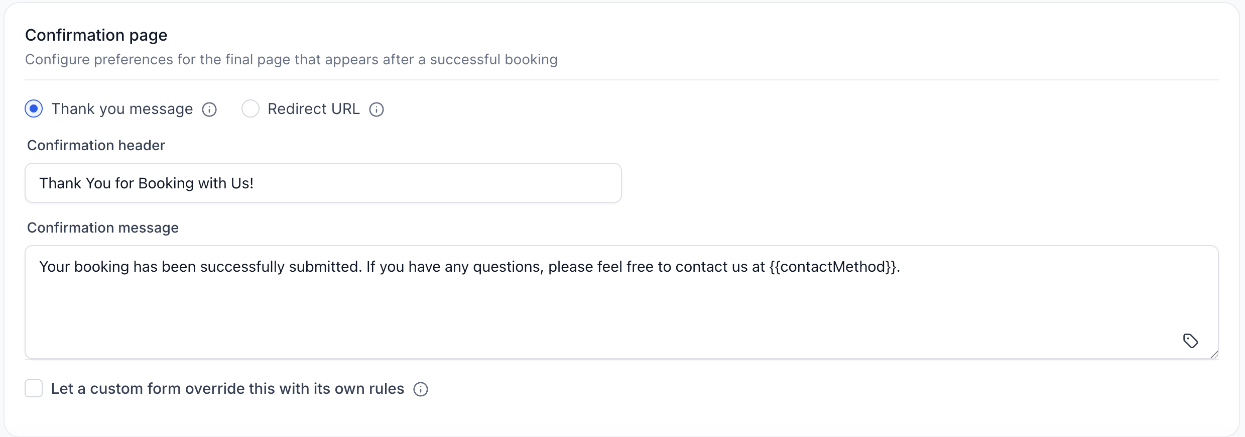 Rentals – Global Settings – Confirmation Page Settings