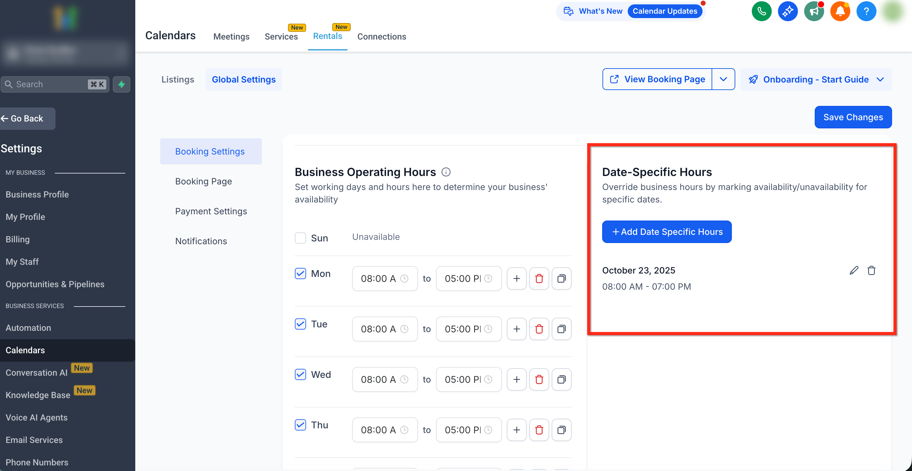 Rentals – Global Settings – Date-Specific Hours