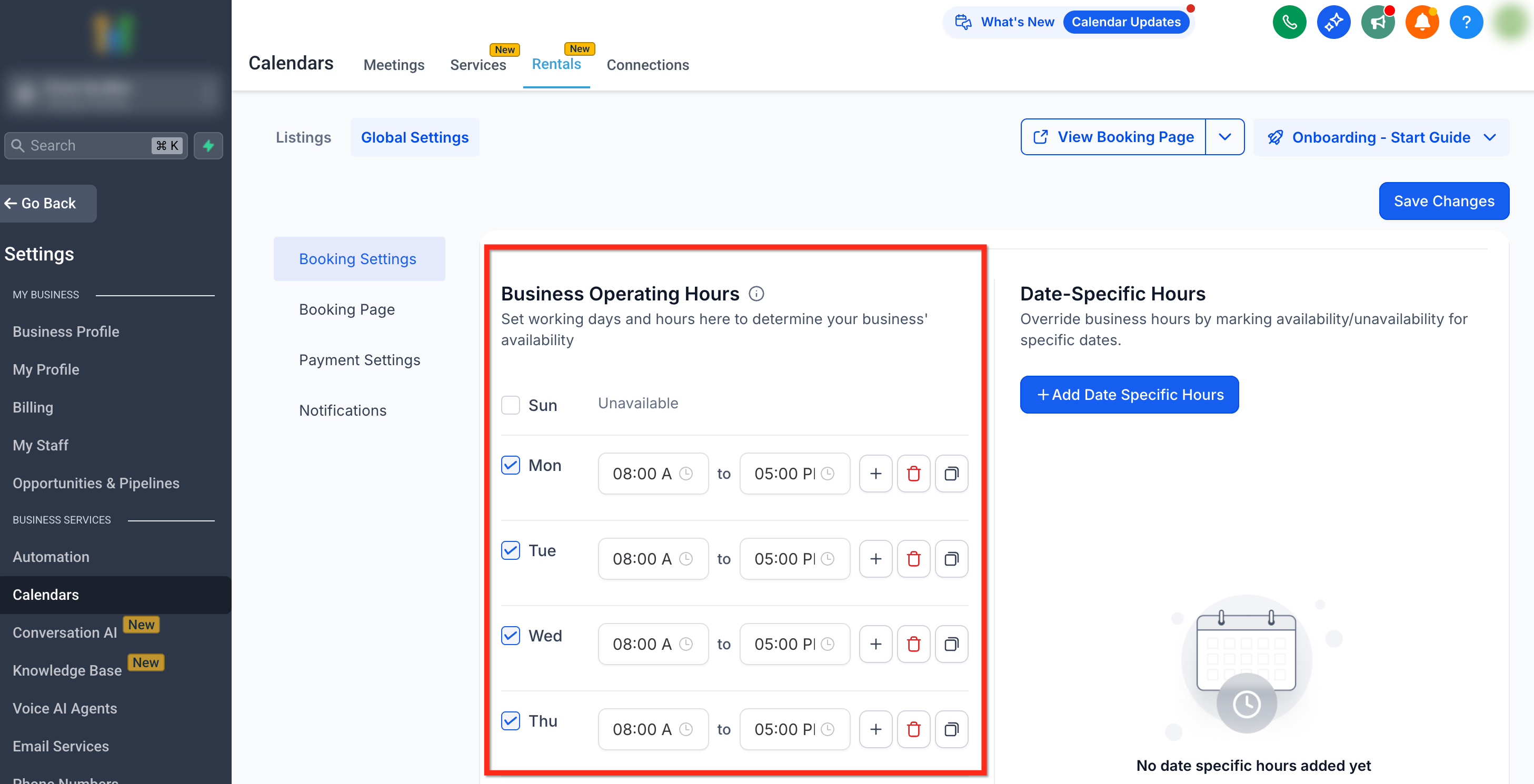 Rentals – Global Settings – Deactivate any day by unchecking it.
