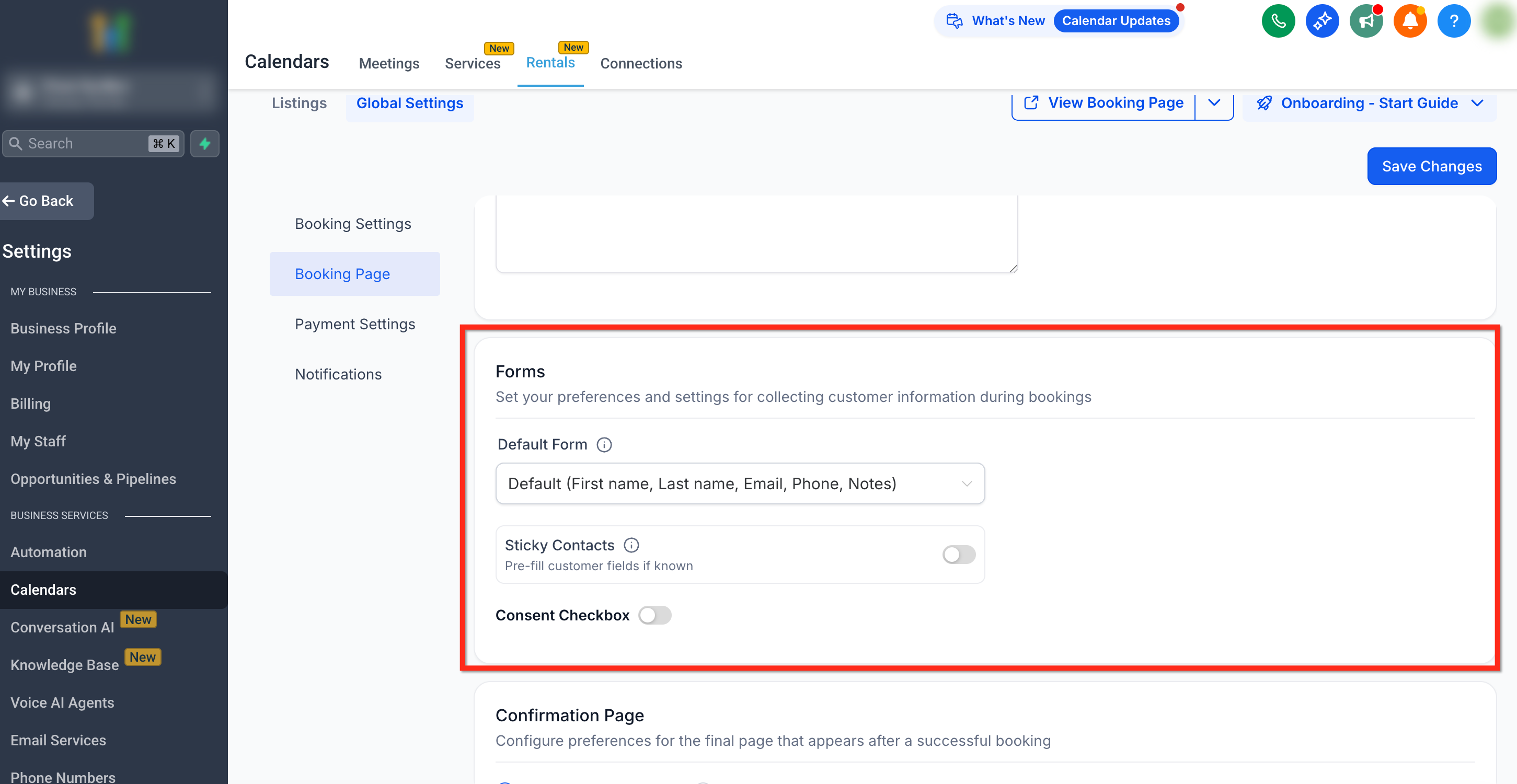 Rentals – Global Settings – Forms and Consent