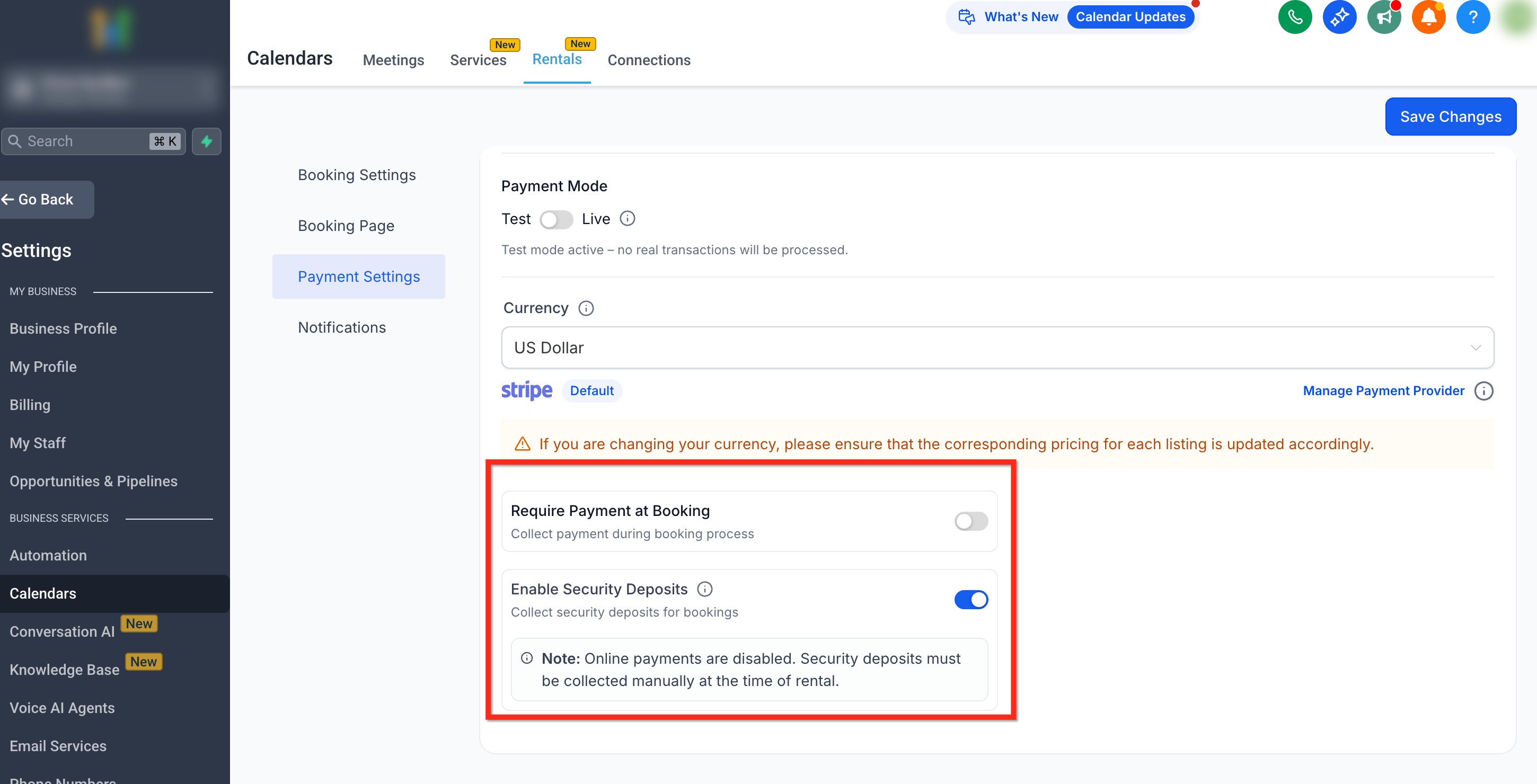 Rentals – Global Settings – General Payment Settings