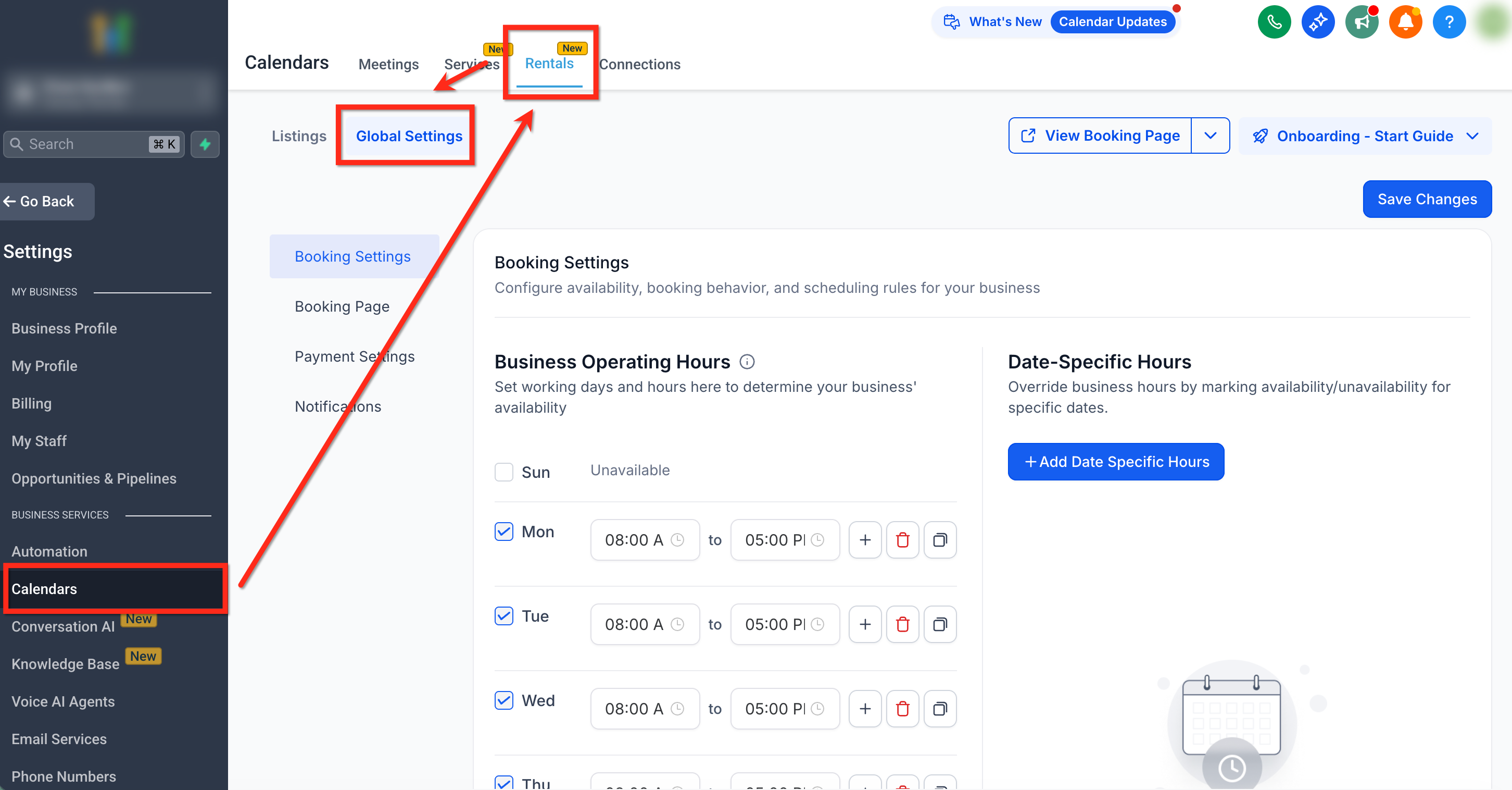 Rentals – Global Settings – How to Access Global Settings