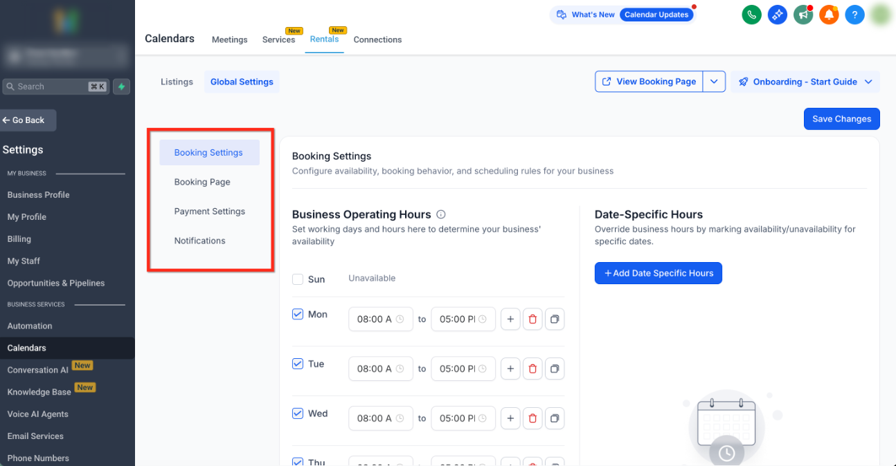 Rentals – Global Settings – How to Access Global Settings