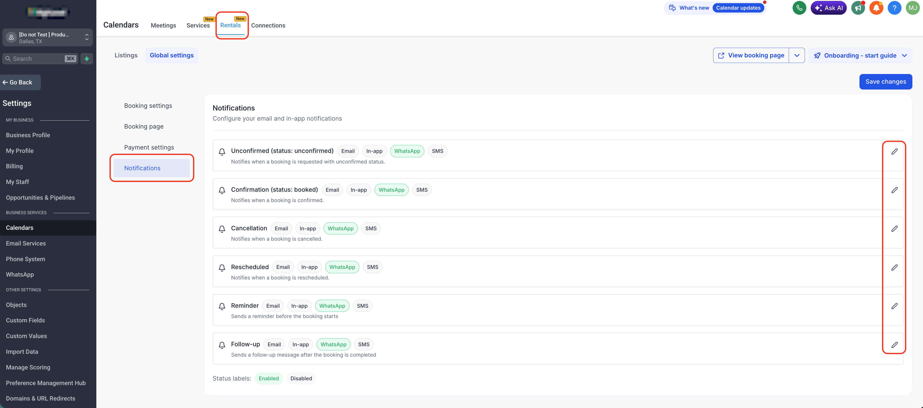 Rentals – Global Settings – Notifications Include: