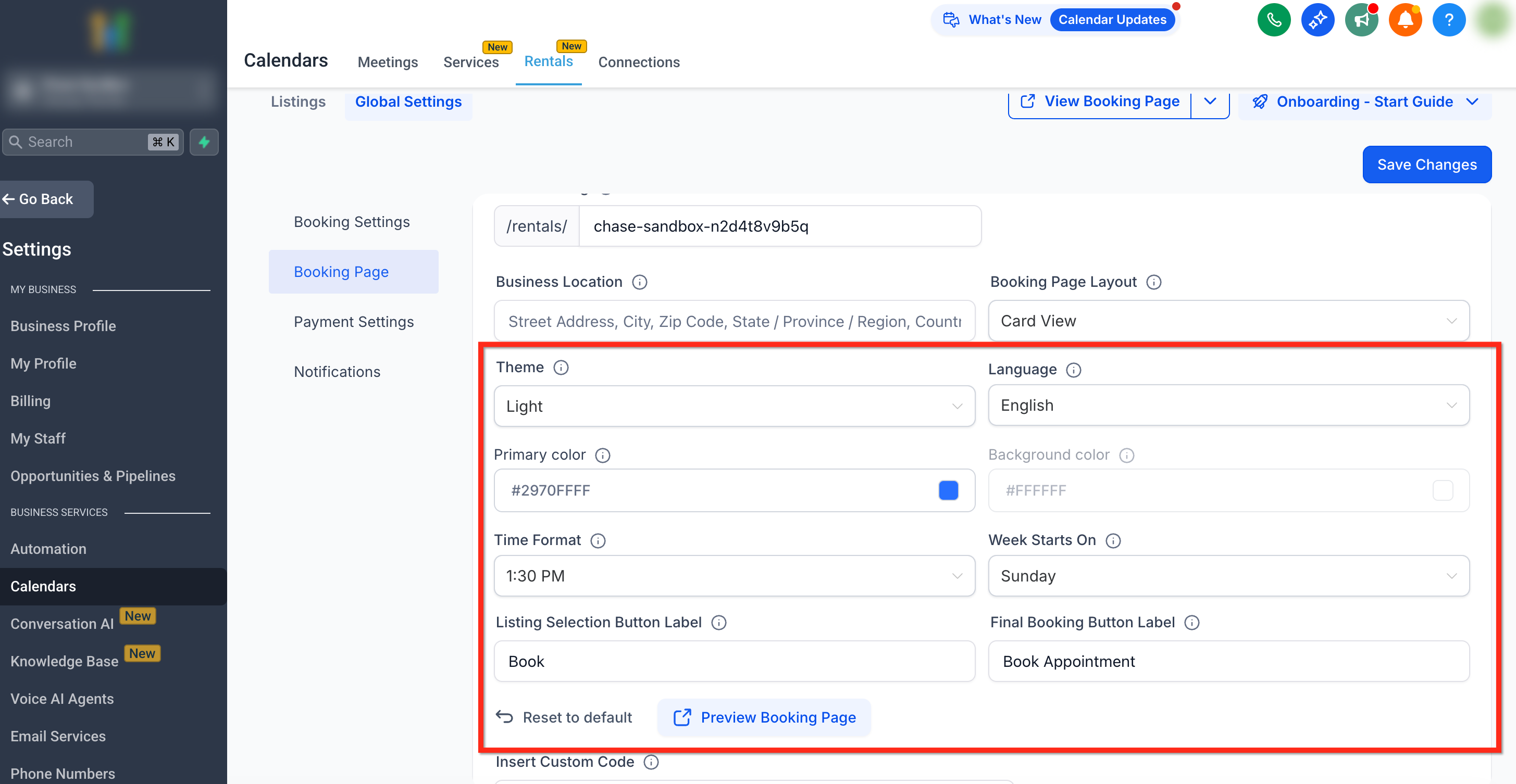 Rentals – Global Settings – Page Customization