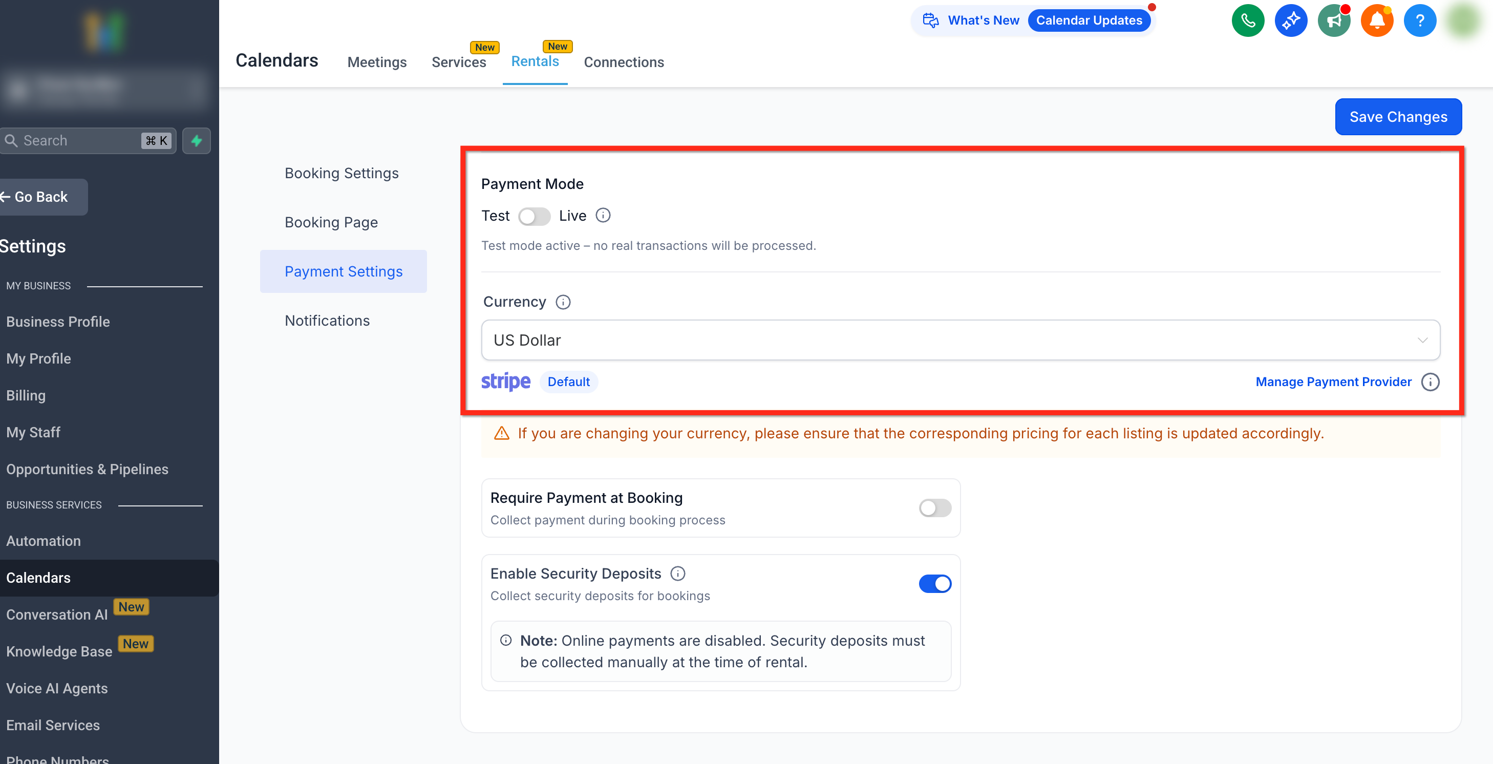 Rentals – Global Settings – Payment Mode