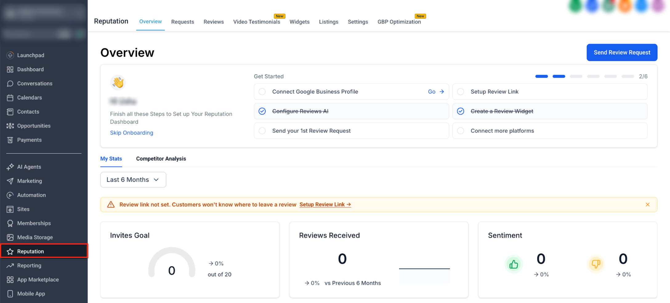 Reputation Management – Drip Mode in Reviews AI – HighLevel Reputation Overview page with Reputation highlighted in the navigation.