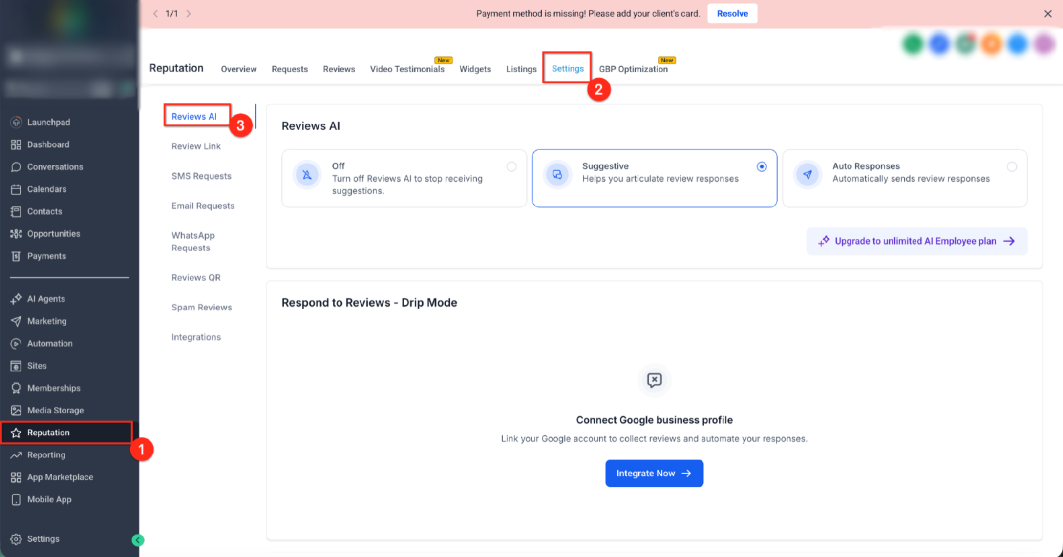 Reputation Management – Drip Mode in Reviews AI – Reputation Settings showing Reviews AI modes and the Google Business Profile integration prompt.