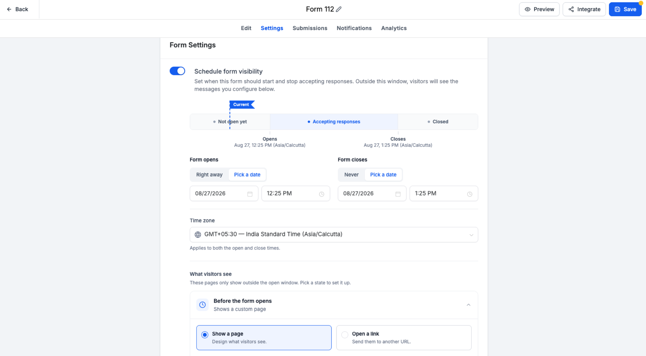 Schedule Form, Survey & Quiz Availability with Custom Open & Expiry Experiences – Step 3: Configure the Opening and Closing Window