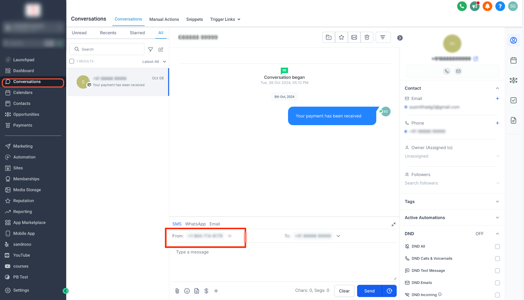 Select SMS To and From Numbers – Conversations SMS composer showing the From number selector