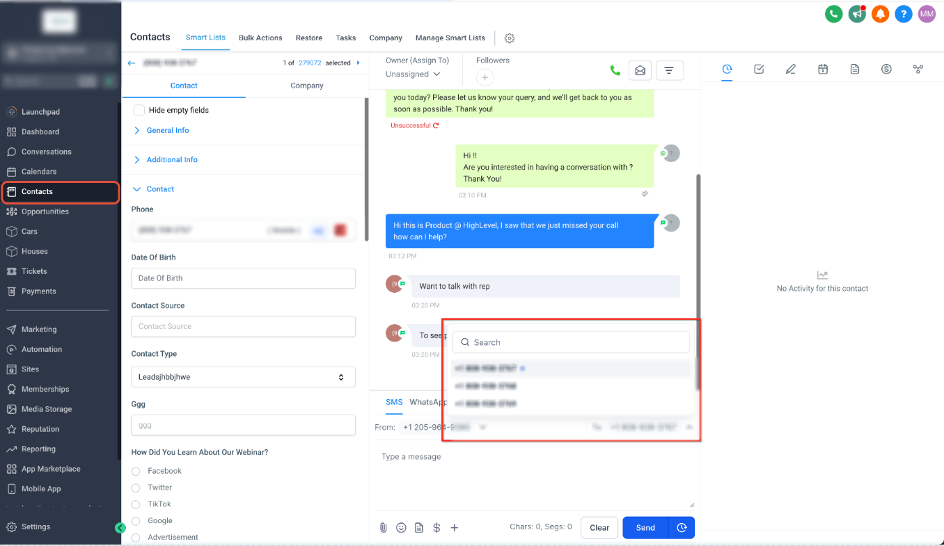 Select SMS To and From Numbers – Conversations SMS composer showing the To number selector for a contact with multiple phone numbers
