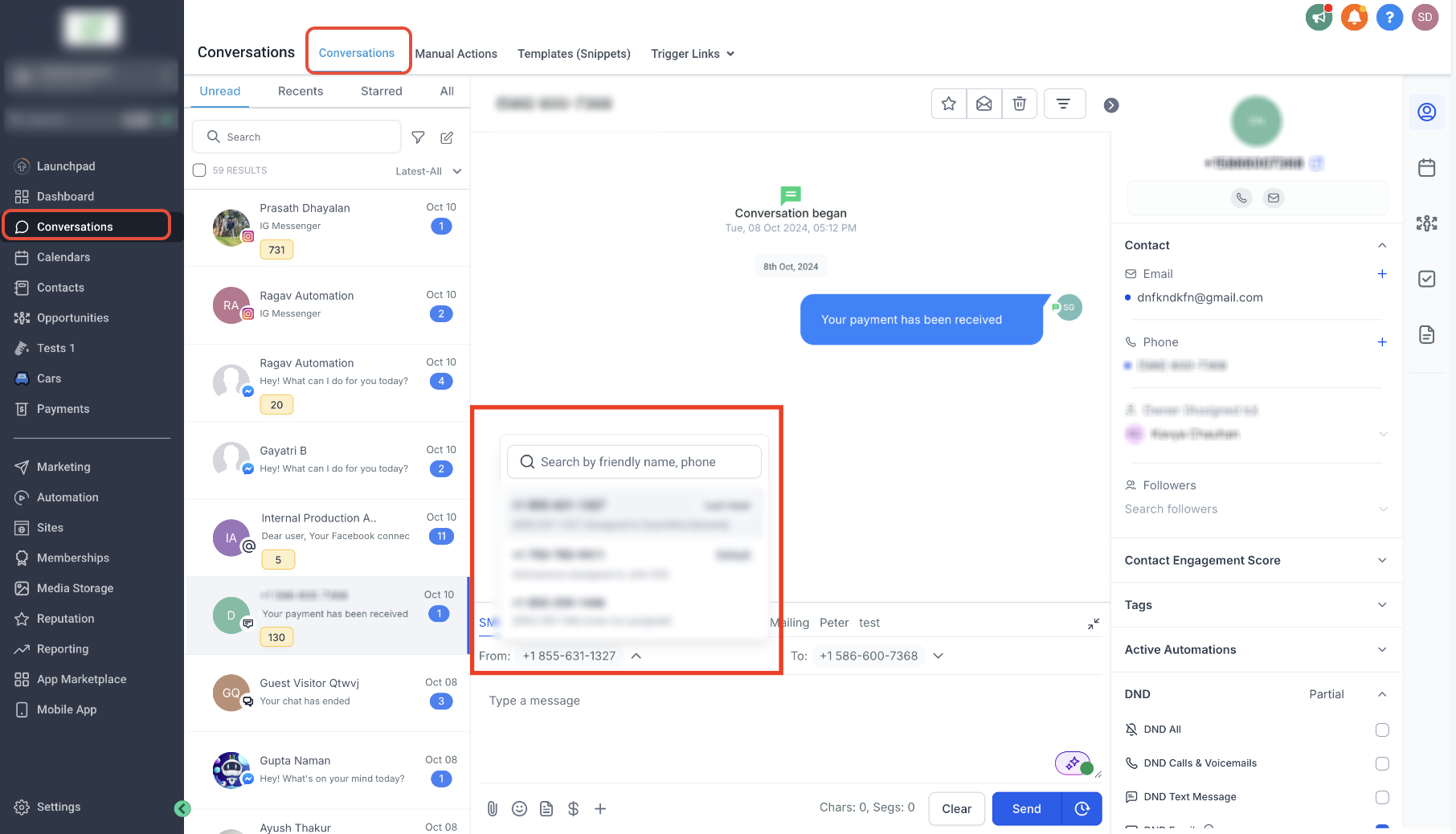 Select SMS To and From Numbers – From number dropdown showing available sender phone numbers