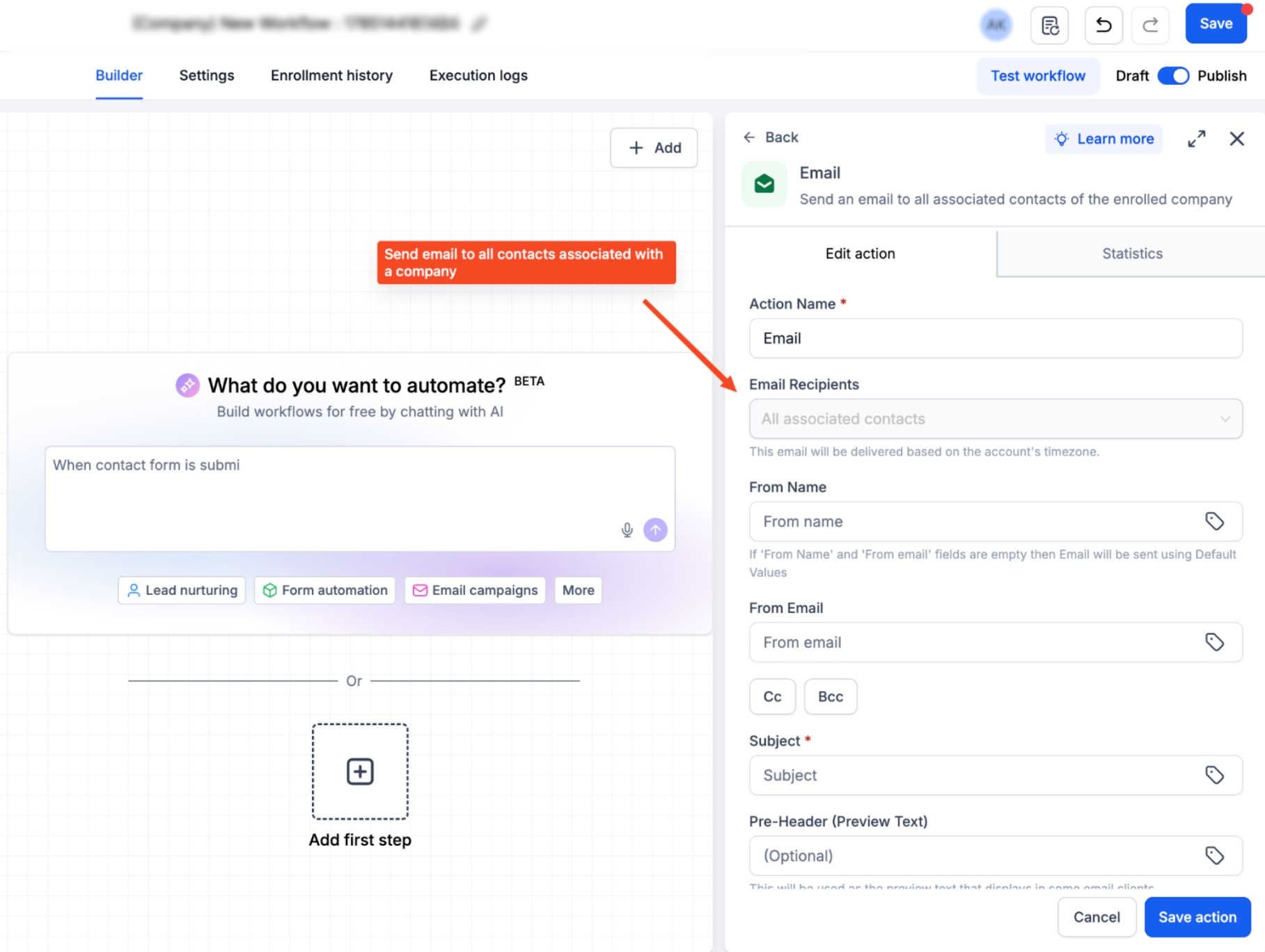 Send Email Action in Company & Custom Object Workflows – Add the Send Email Action