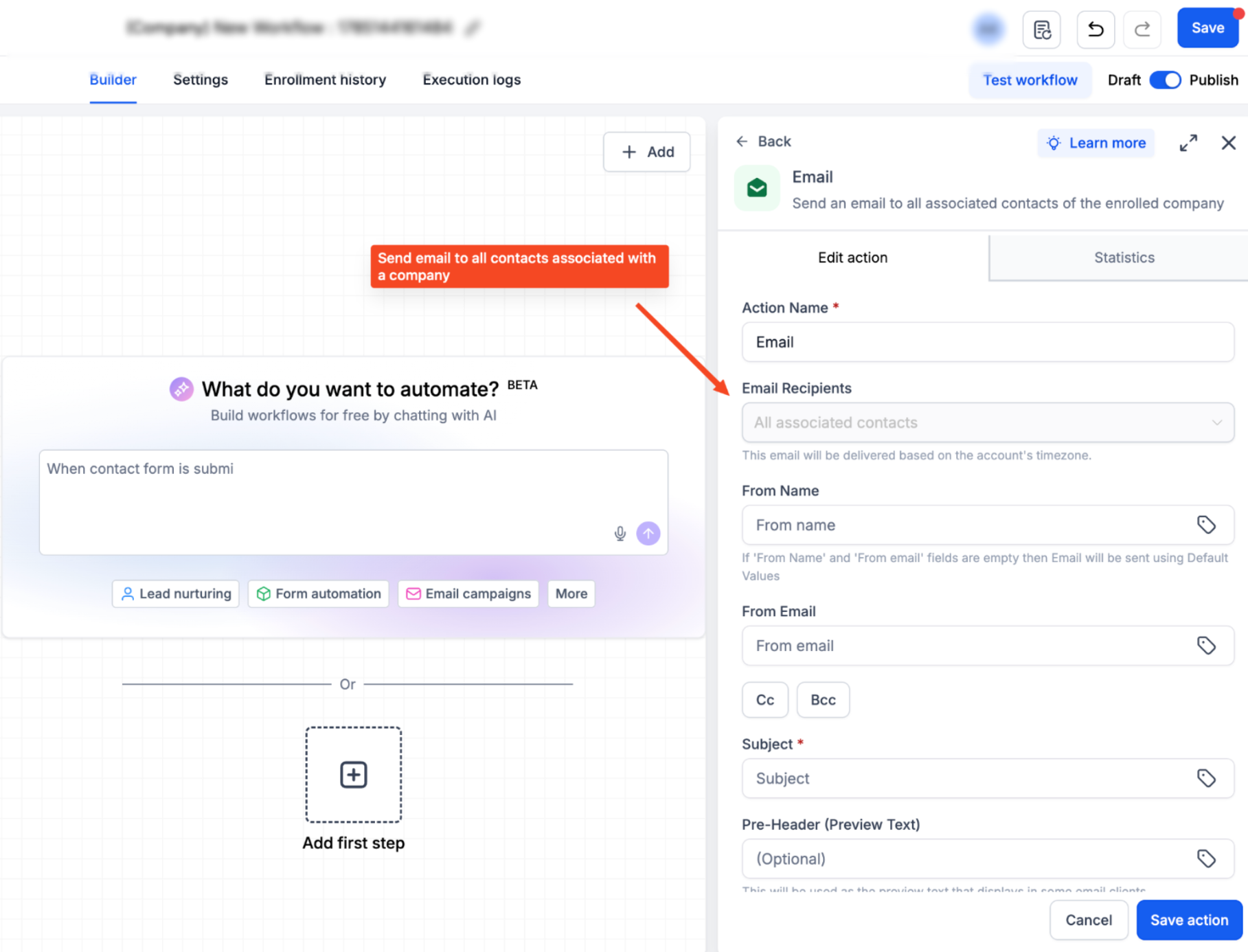 Send Email Action in Company & Custom Object Workflows – Create Your Email