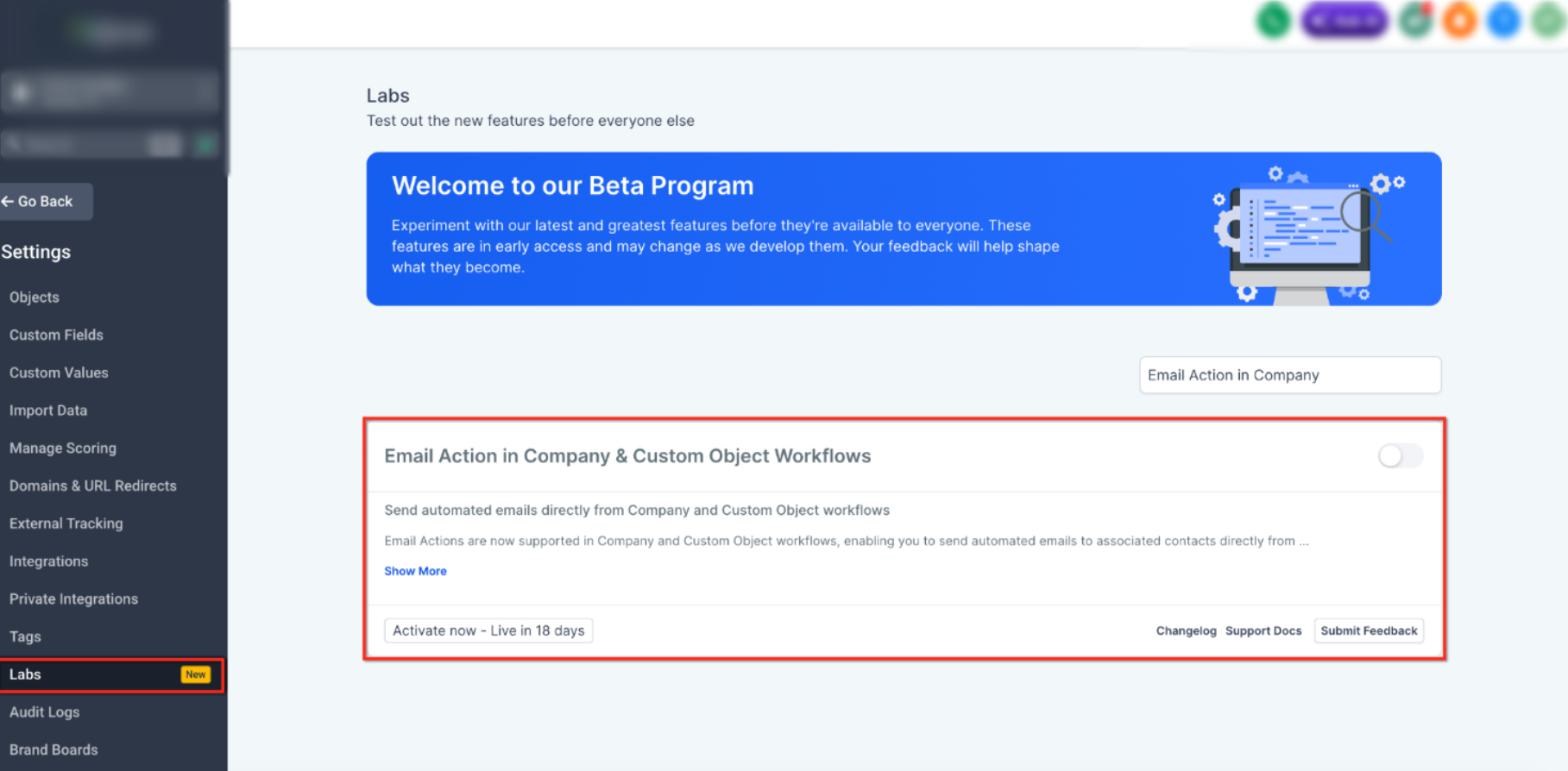 Send Email Action in Company & Custom Object Workflows – Enable the Labs Feature
